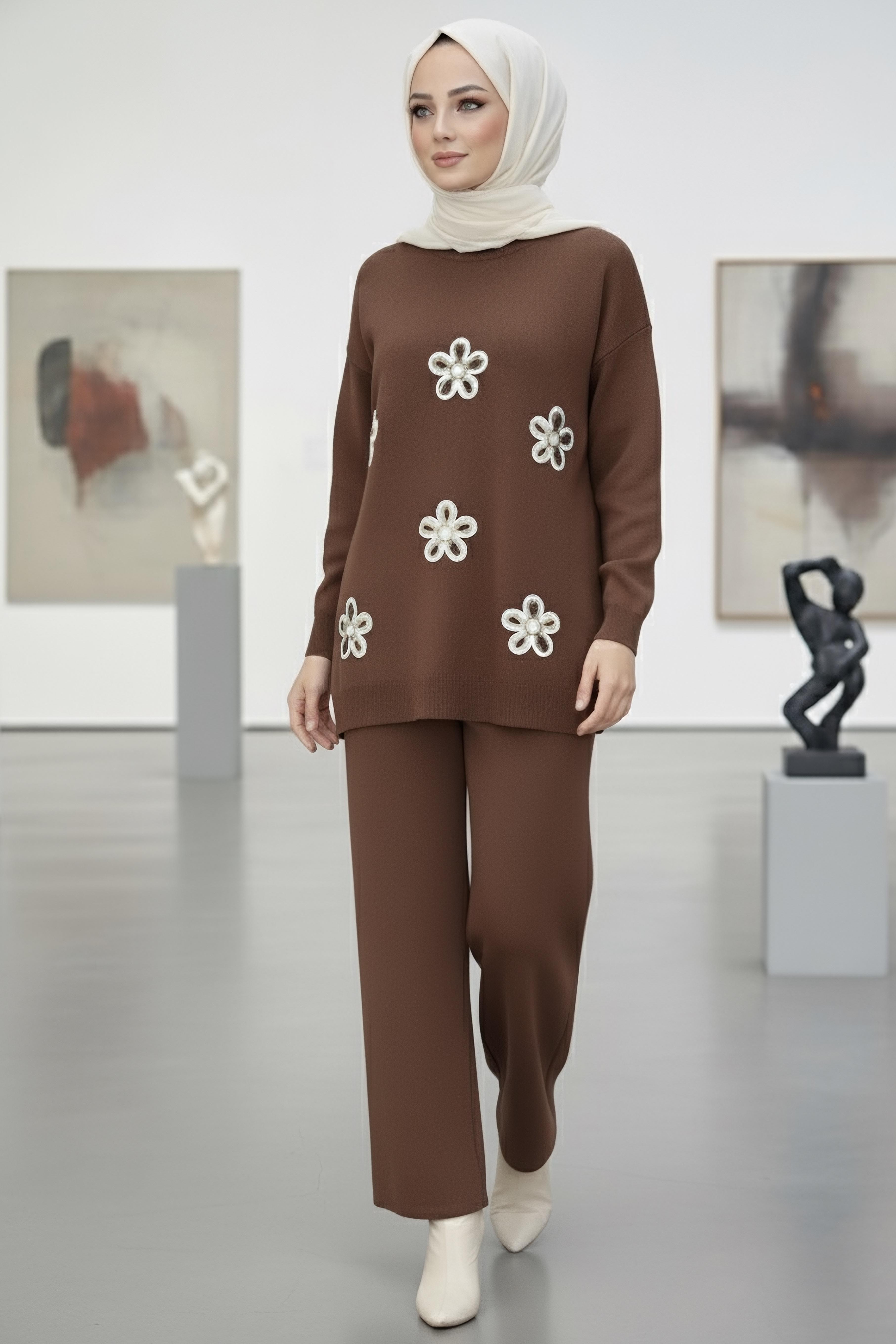 Çiçek Nakışlı İkili Triko Takım - 27998-KAHVE - 3