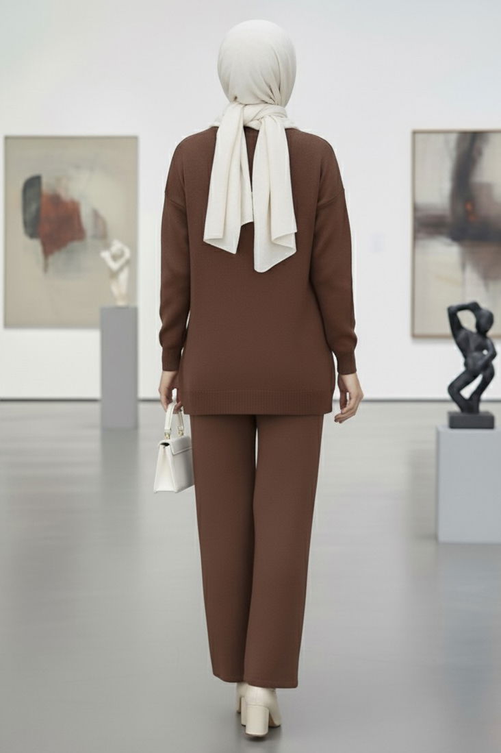 Çiçek Nakışlı İkili Triko Takım - 27998-KAHVE - TOFİSA