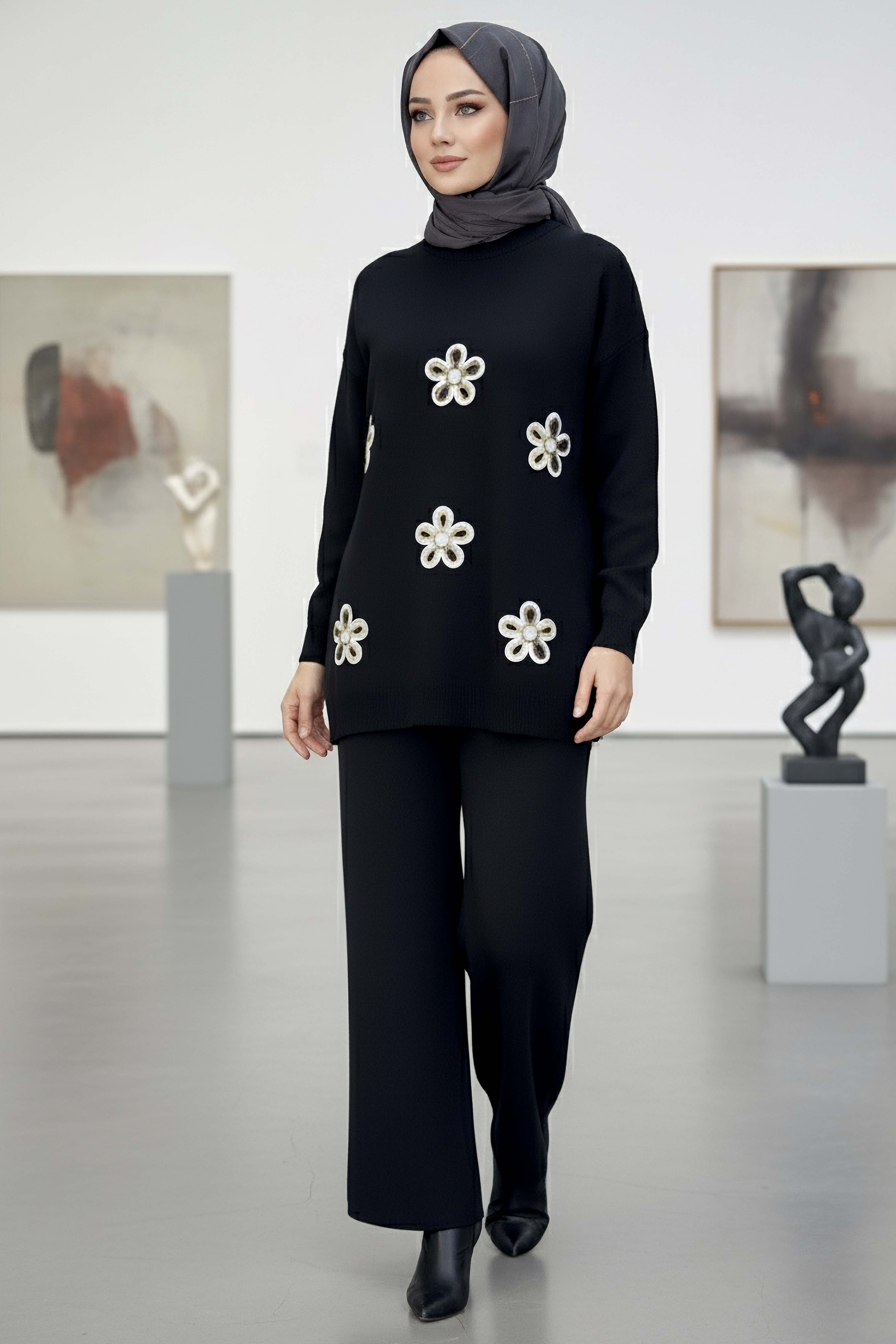 Çiçek Nakışlı İkili Triko Takım - 27998-SIYAH - 1