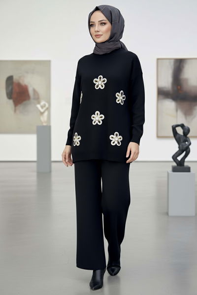 Çiçek Nakışlı İkili Triko Takım - 27998-SIYAH 