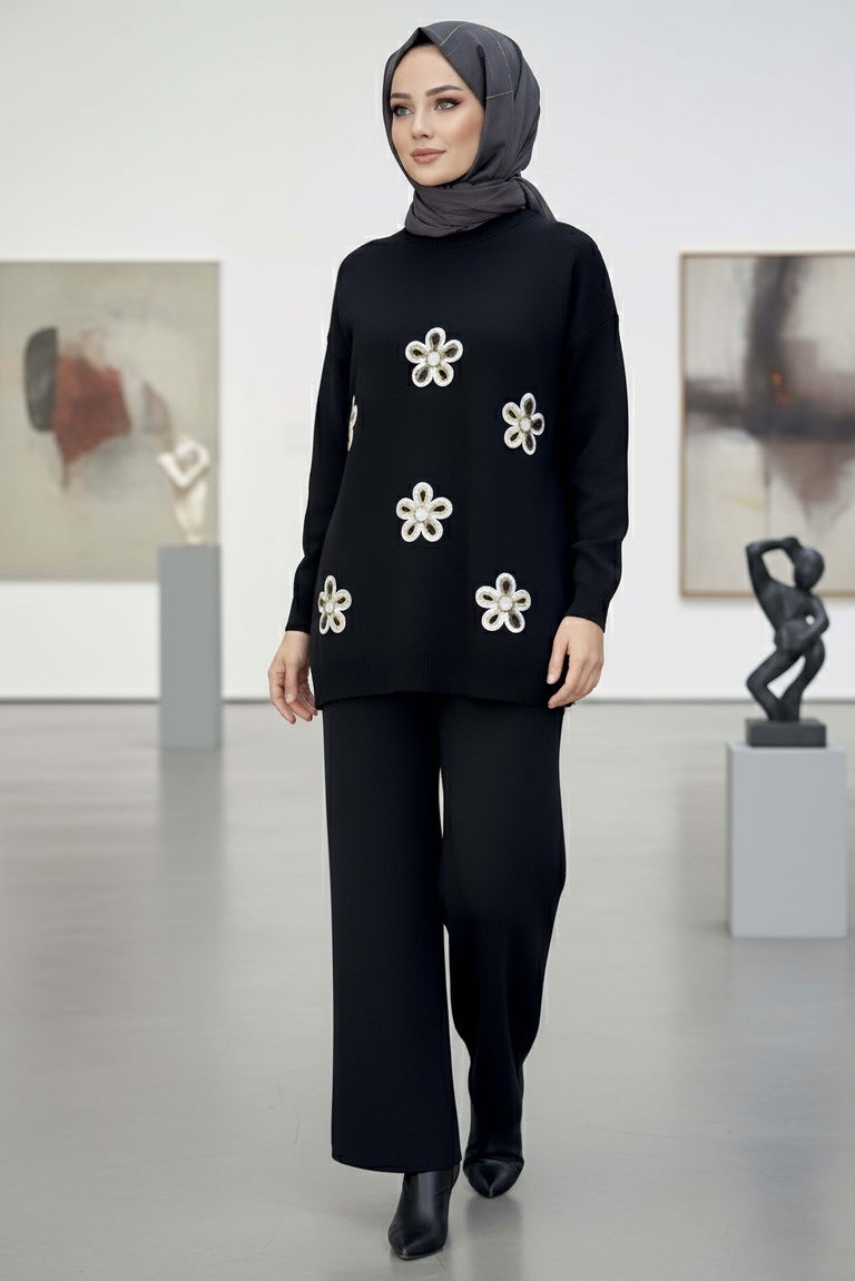 Çiçek Nakışlı İkili Triko Takım - 27998-SIYAH - TOFİSA