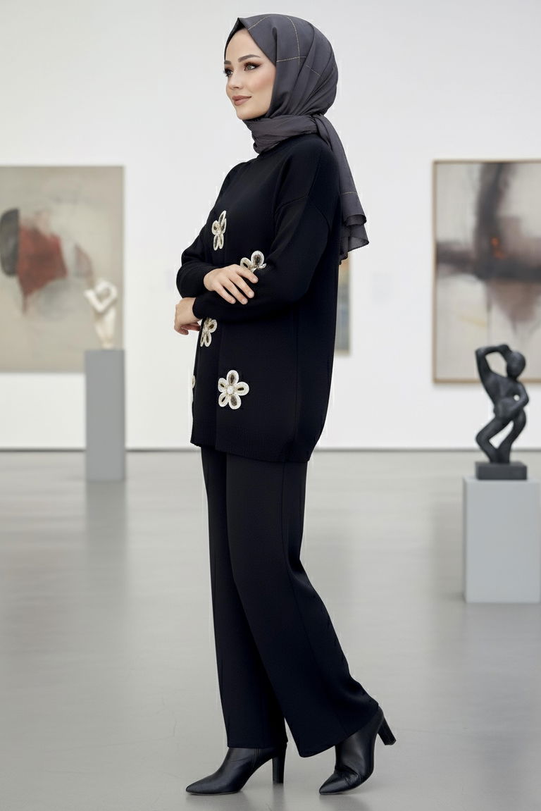Çiçek Nakışlı İkili Triko Takım - 27998-SIYAH - TOFİSA