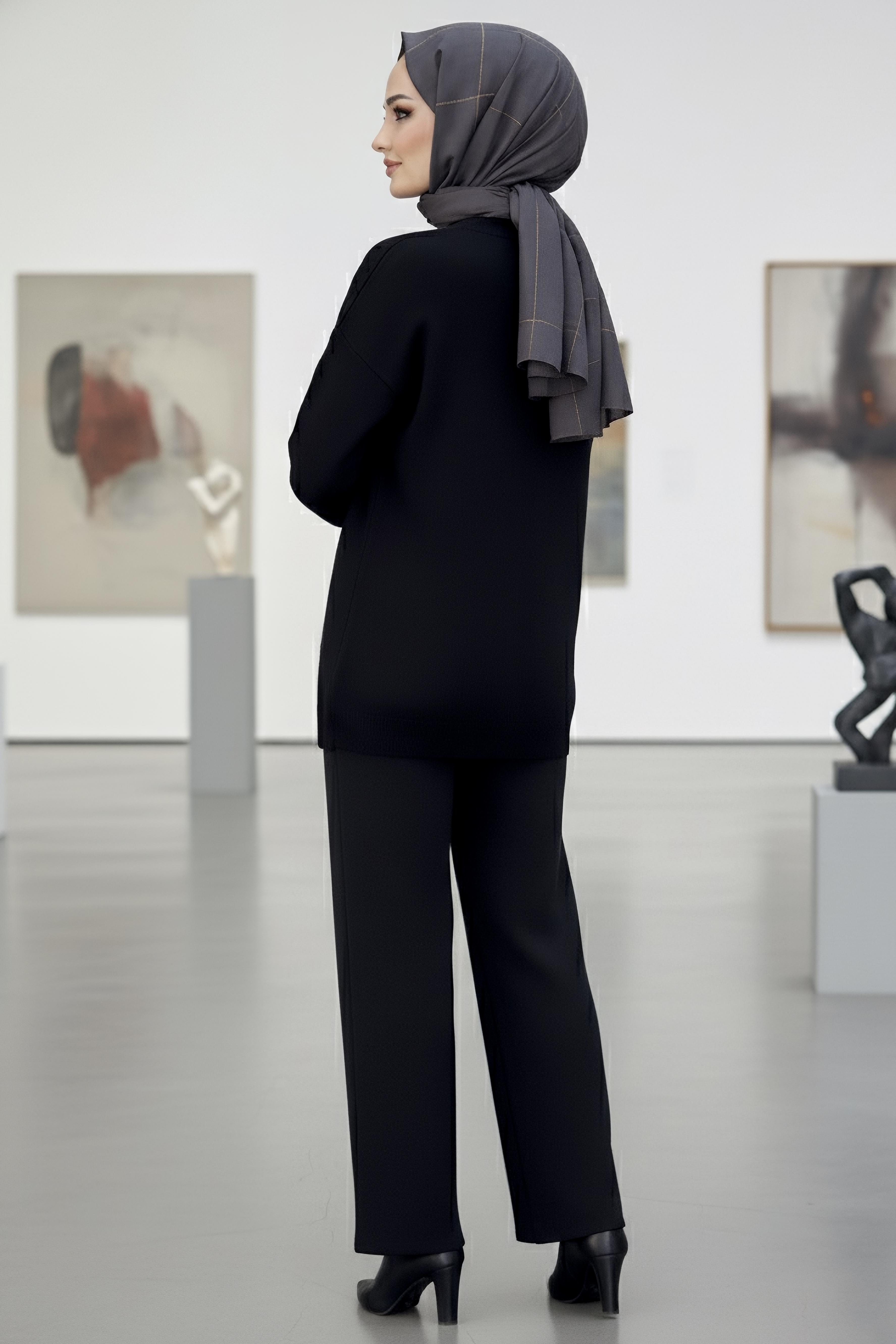 Çiçek Nakışlı İkili Triko Takım - 27998-SIYAH - 3