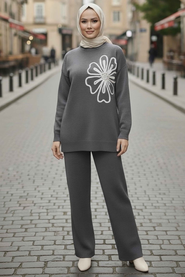 Çiçek Nakışlı İkili Triko Takım - 28062-ANTRASIT - TOFİSA