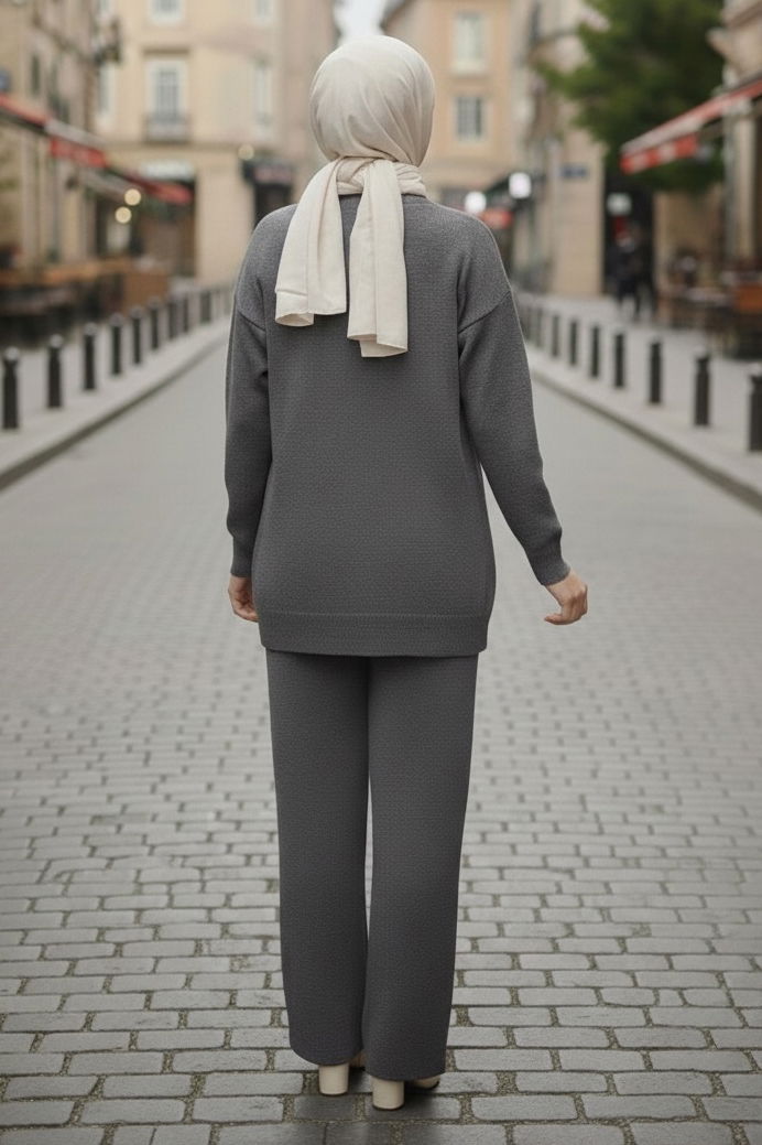 Çiçek Nakışlı İkili Triko Takım - 28062-ANTRASIT - TOFİSA