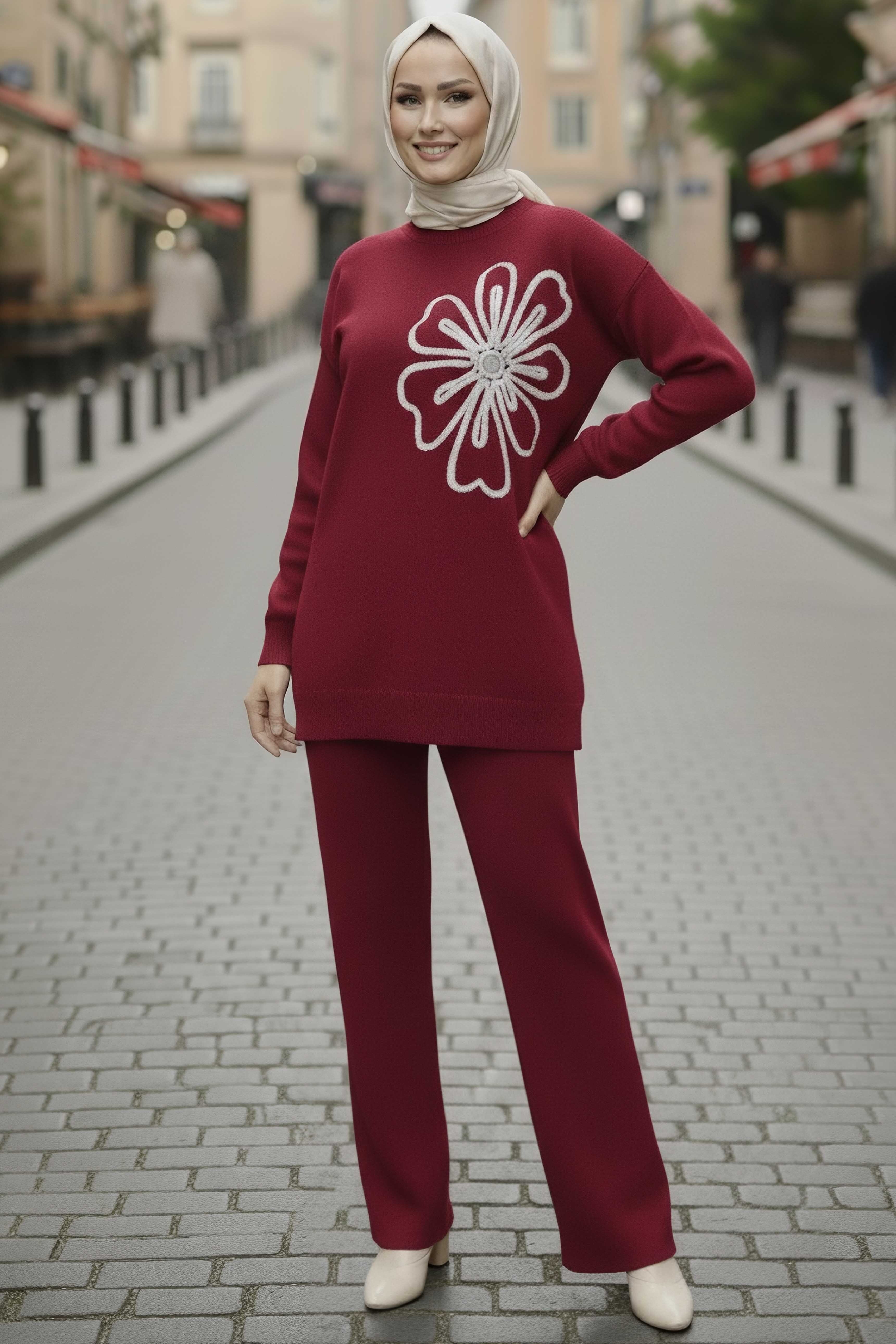 Çiçek Nakışlı İkili Triko Takım - 28062-BORDO - 1