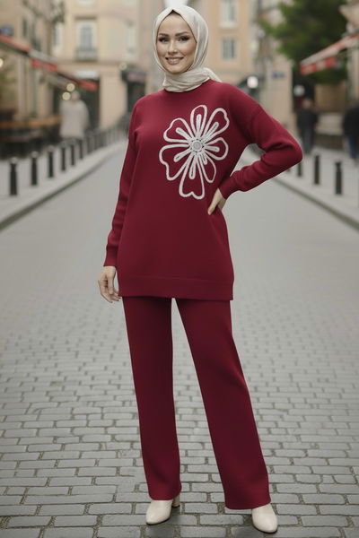 Çiçek Nakışlı İkili Triko Takım - 28062-BORDO 