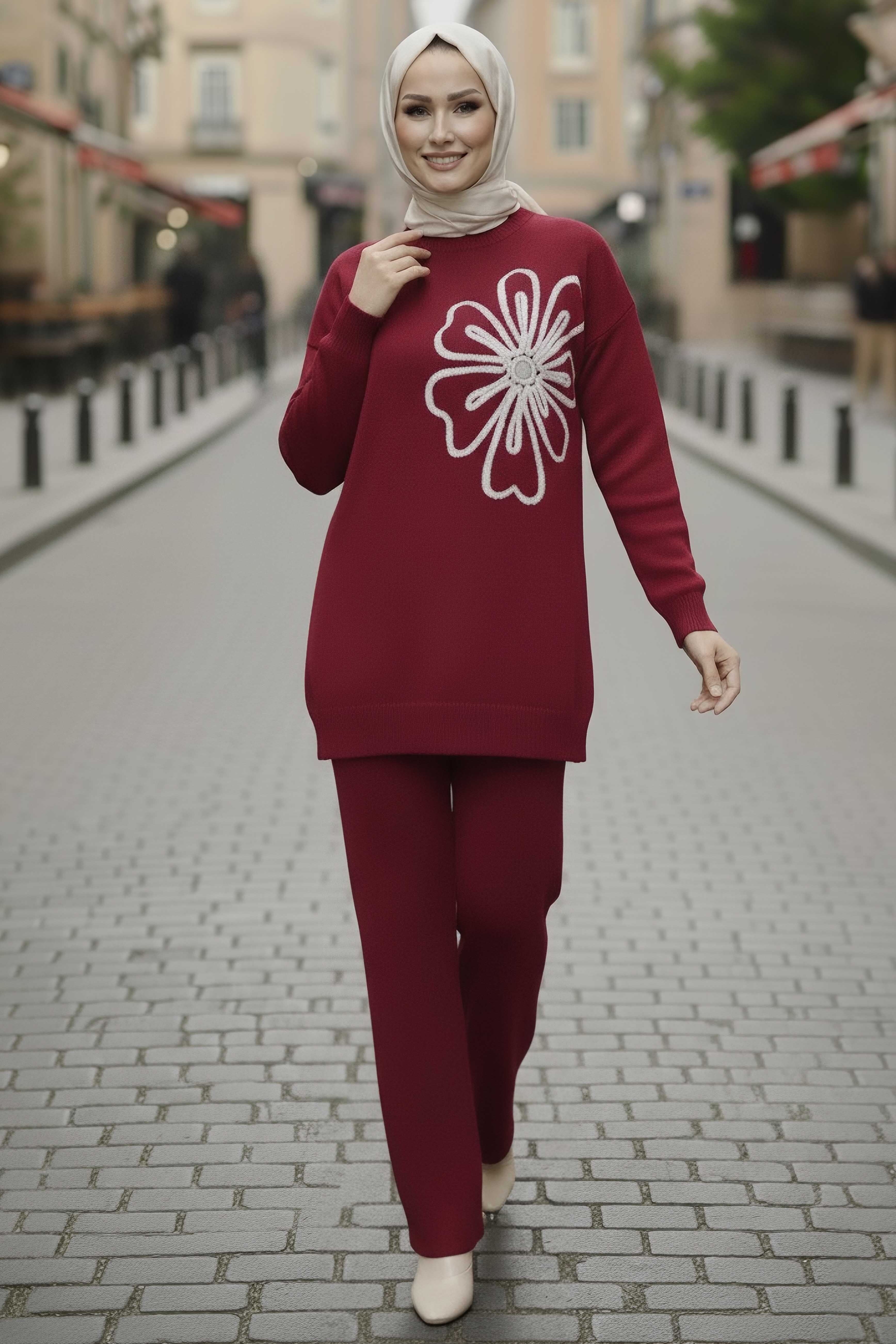 Çiçek Nakışlı İkili Triko Takım - 28062-BORDO - 2