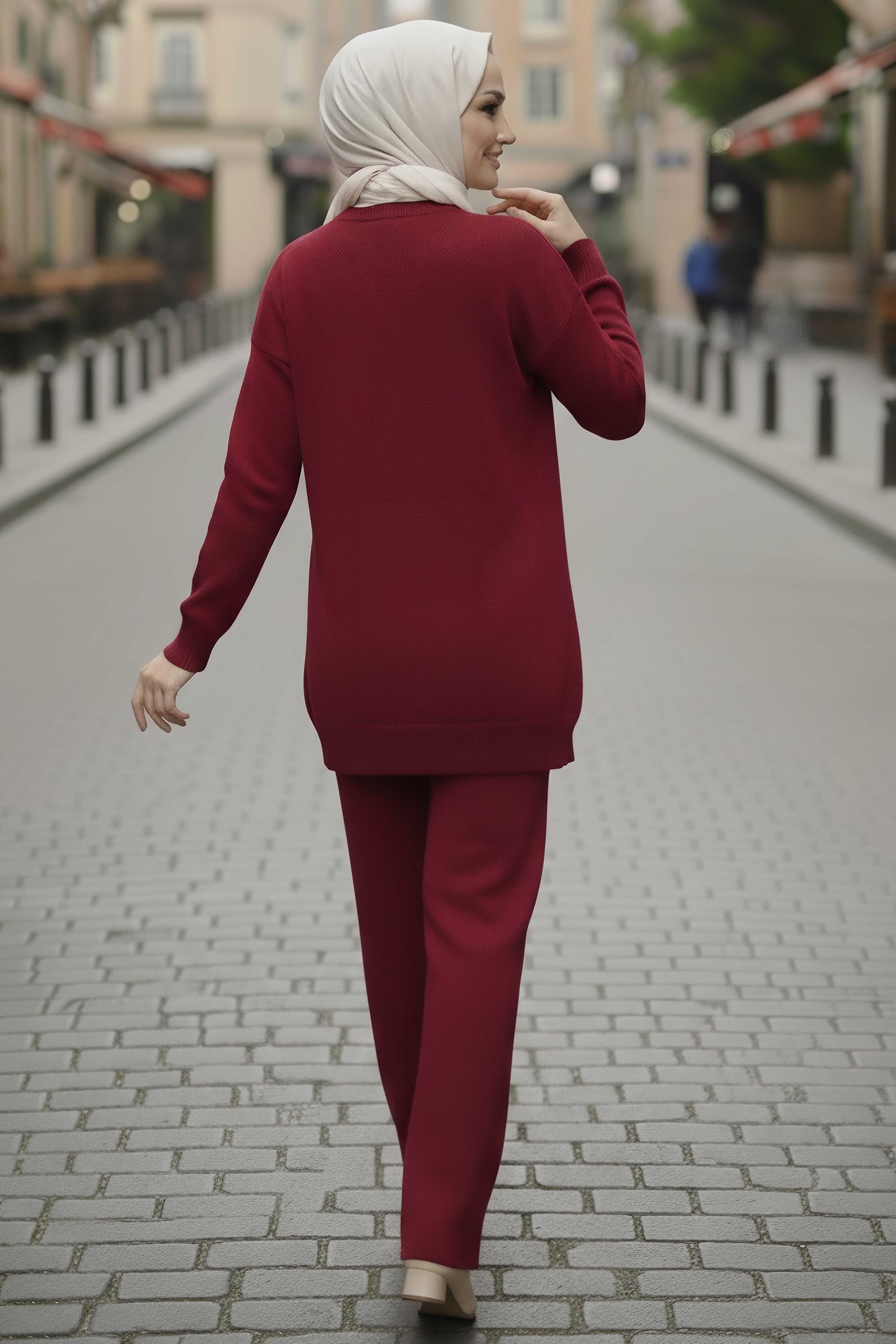 Çiçek Nakışlı İkili Triko Takım - 28062-BORDO - 3