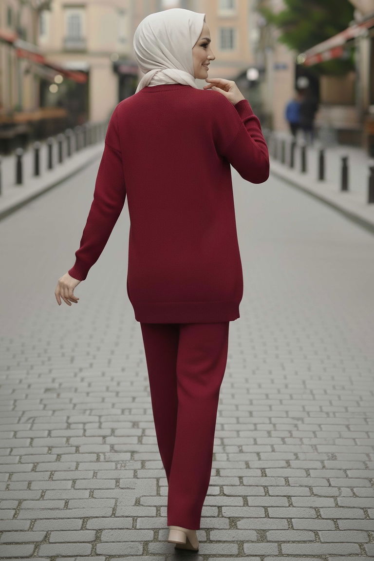 Çiçek Nakışlı İkili Triko Takım - 28062-BORDO - TOFİSA