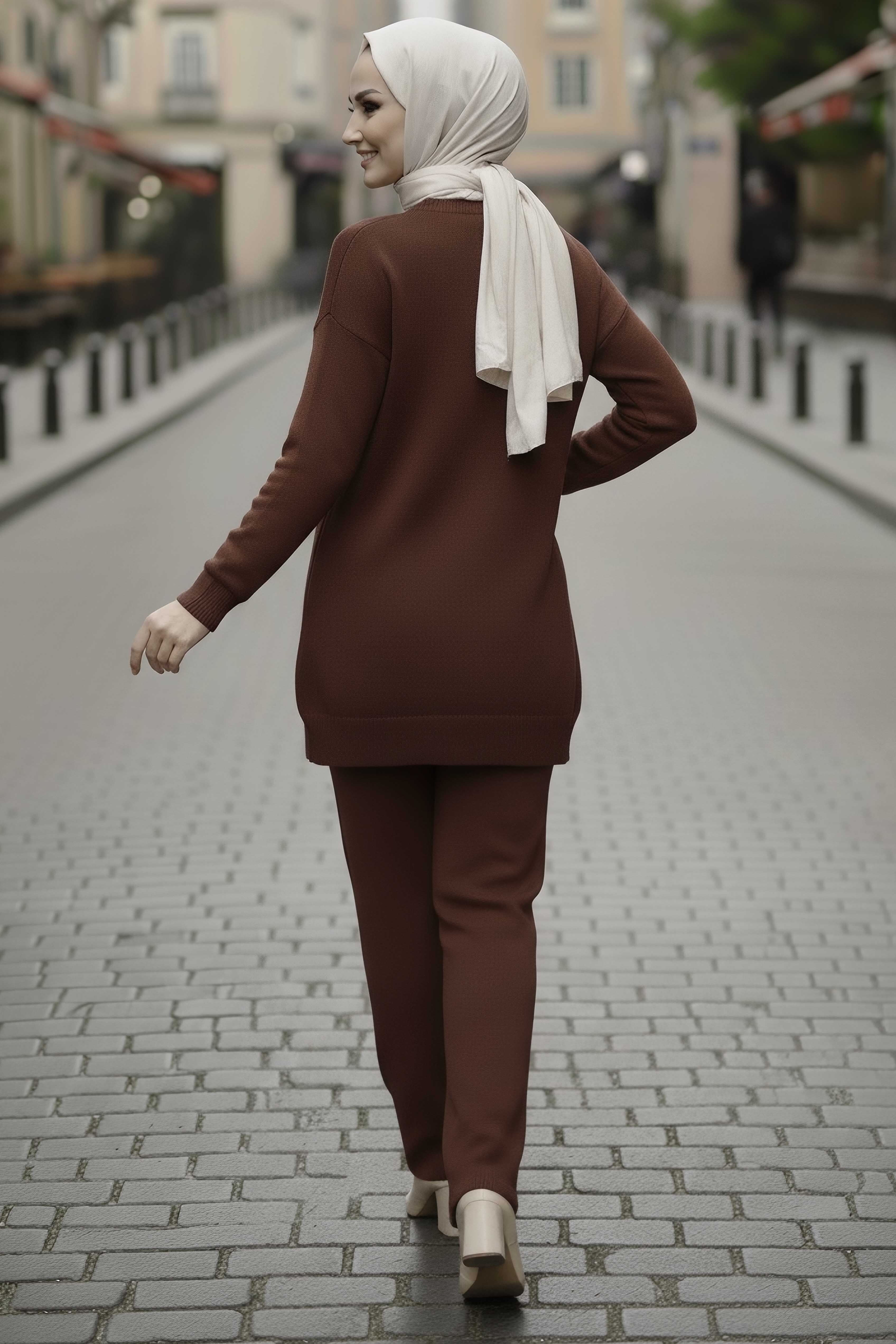 Çiçek Nakışlı İkili Triko Takım - 28062-KAHVE - 3