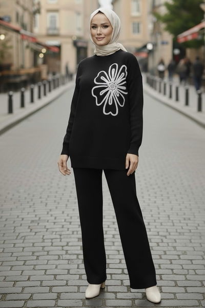 Çiçek Nakışlı İkili Triko Takım - 28062-SIYAH 