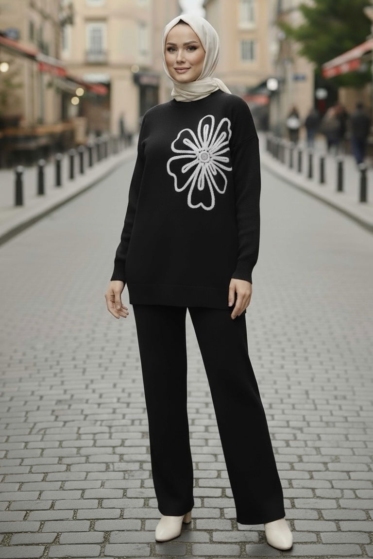 Çiçek Nakışlı İkili Triko Takım - 28062-SIYAH - TOFİSA