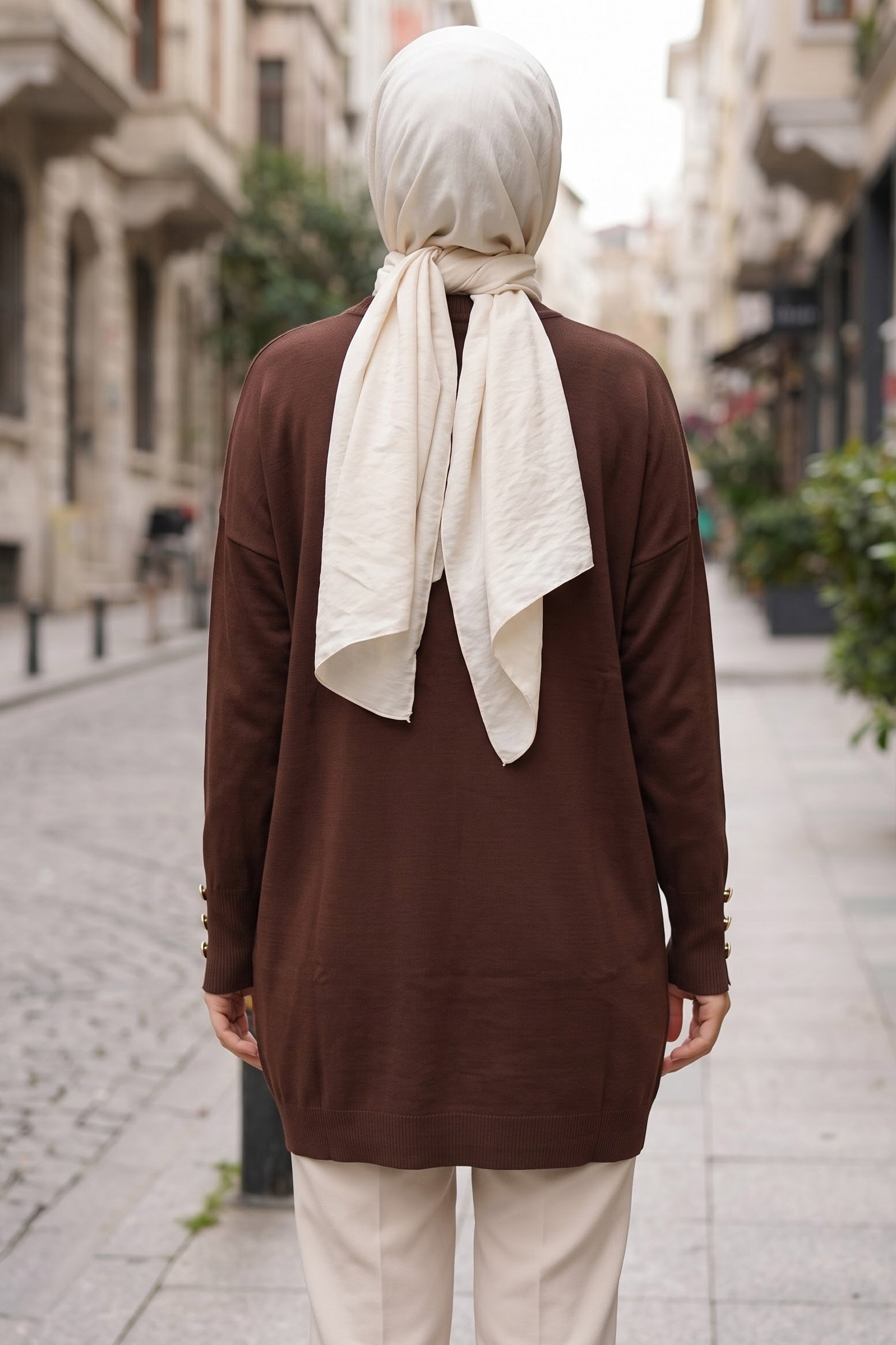 Çiçek Nakışlı Kolları Düğmeli Triko Tunik Kahve - 29234-KAHVE - 3