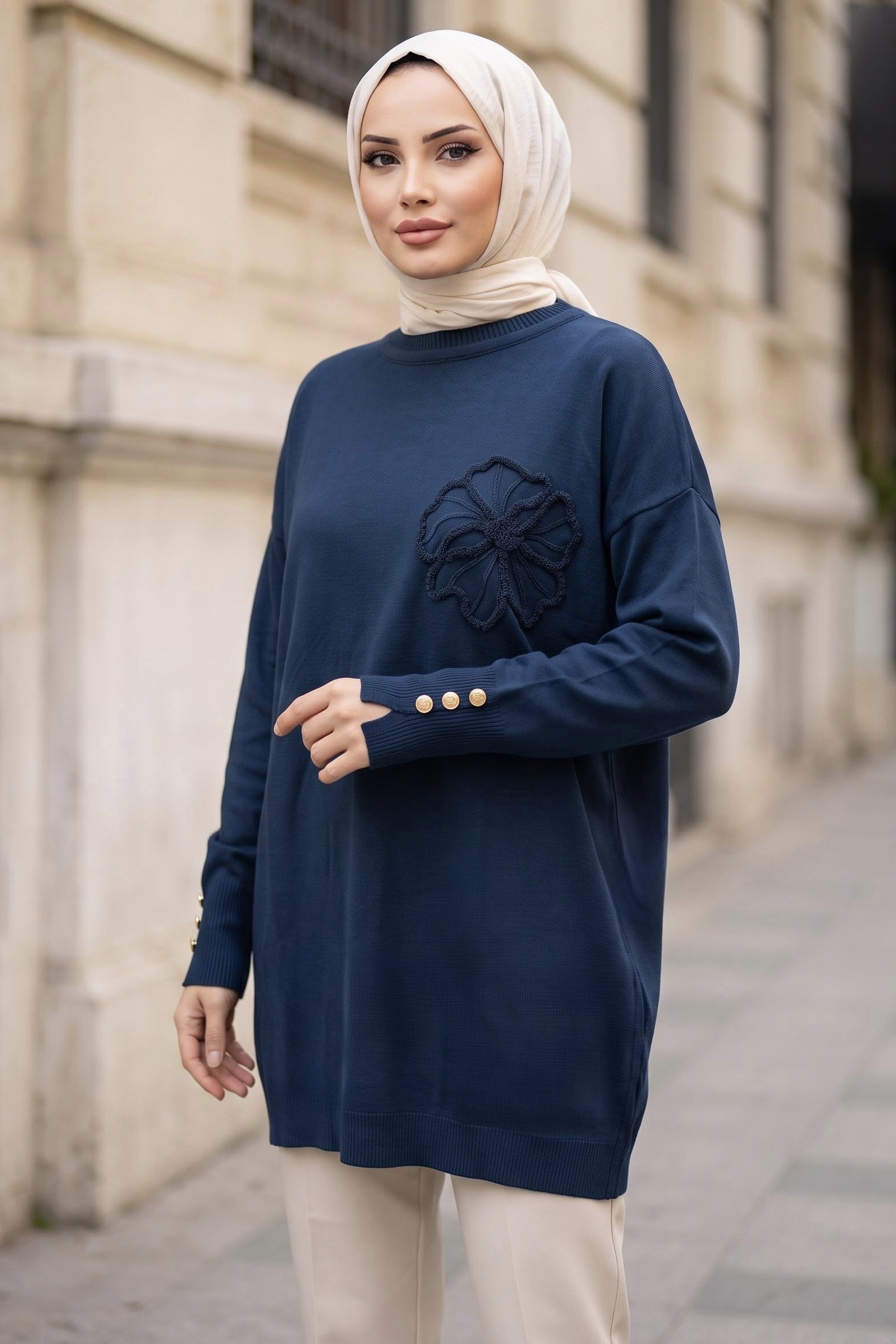 Çiçek Nakışlı Kolları Düğmeli Triko Tunik Lacivert - 29234-LACIVERT - 2