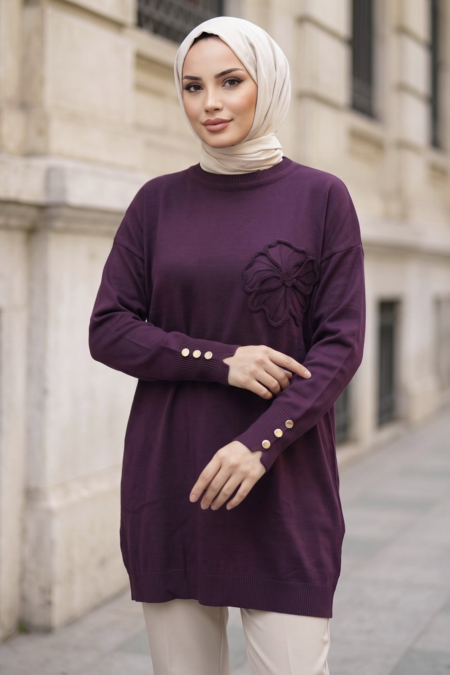 Çiçek Nakışlı Kolları Düğmeli Triko Tunik Mürdüm - 29234-MURDUM - 1
