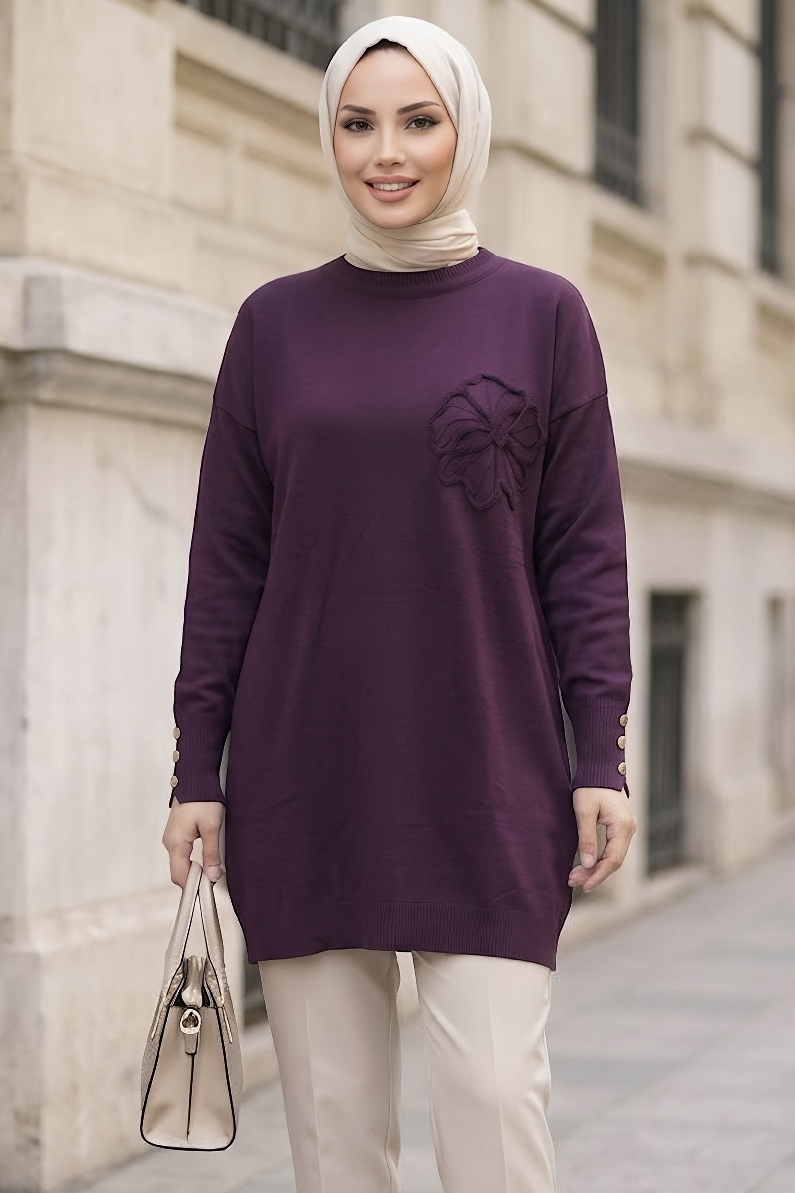 Çiçek Nakışlı Kolları Düğmeli Triko Tunik Mürdüm - 29234-MURDUM - 2