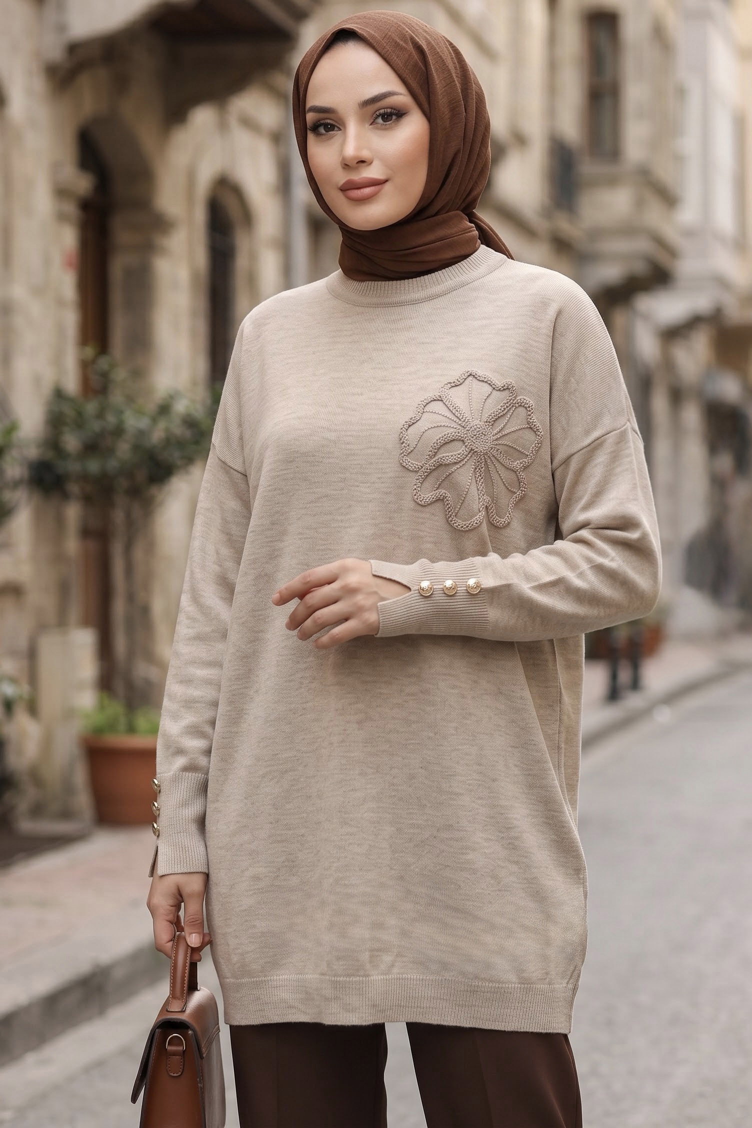 Çiçek Nakışlı Kolları Düğmeli Triko Tunik Tas - 29234-TAS - 1
