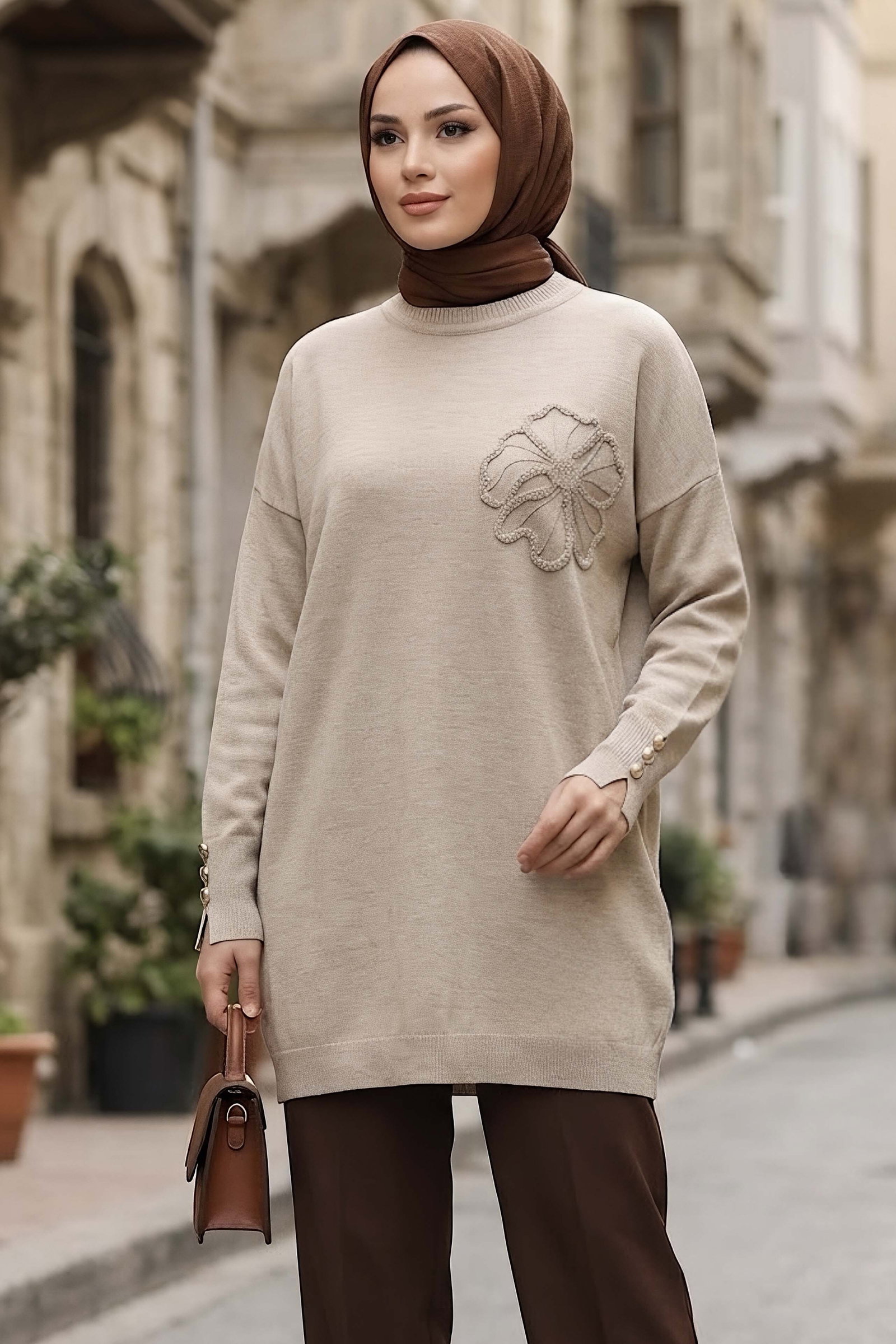 Çiçek Nakışlı Kolları Düğmeli Triko Tunik Tas - 29234-TAS - 2