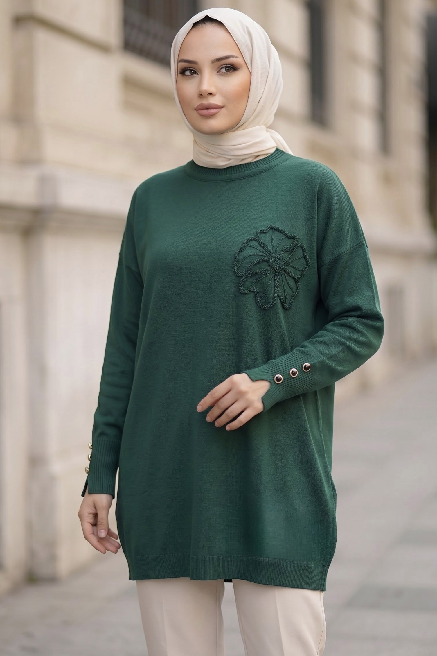 Çiçek Nakışlı Kolları Düğmeli Triko Tunik Zumrut - 29234-ZUMRUT - 2