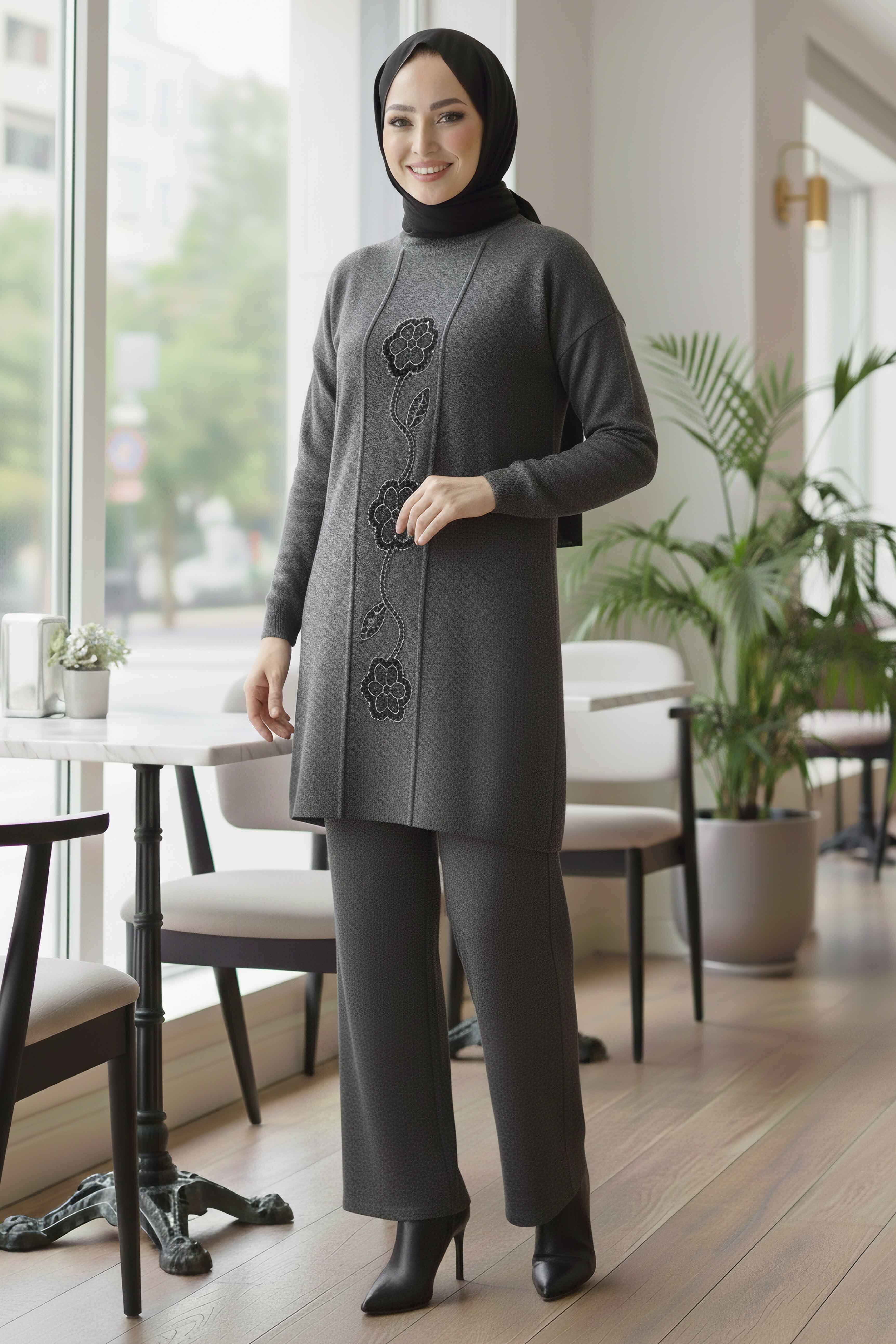 Çiçek Pul Detaylı Triko İkili Takım - 28126-ANTRASIT - 1