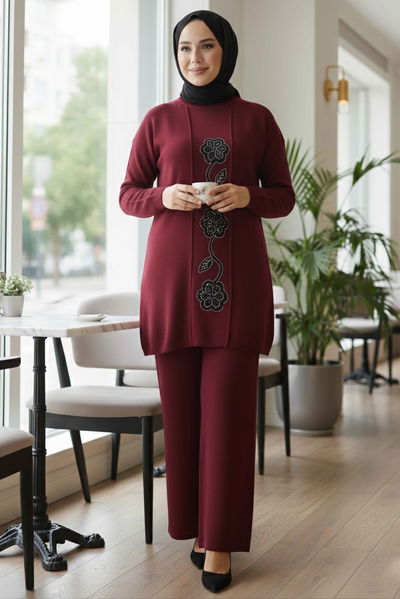 Çiçek Pul Detaylı Triko İkili Takım - 28126-BORDO 