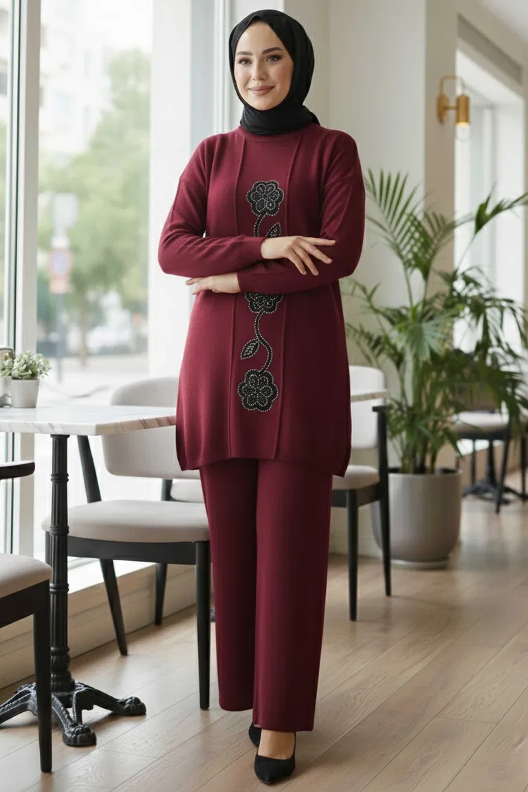 Çiçek Pul Detaylı Triko İkili Takım - 28126-BORDO - TOFİSA