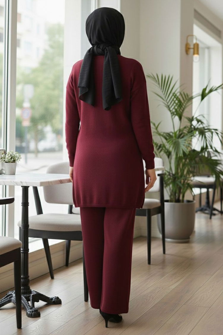 Çiçek Pul Detaylı Triko İkili Takım - 28126-BORDO - 3