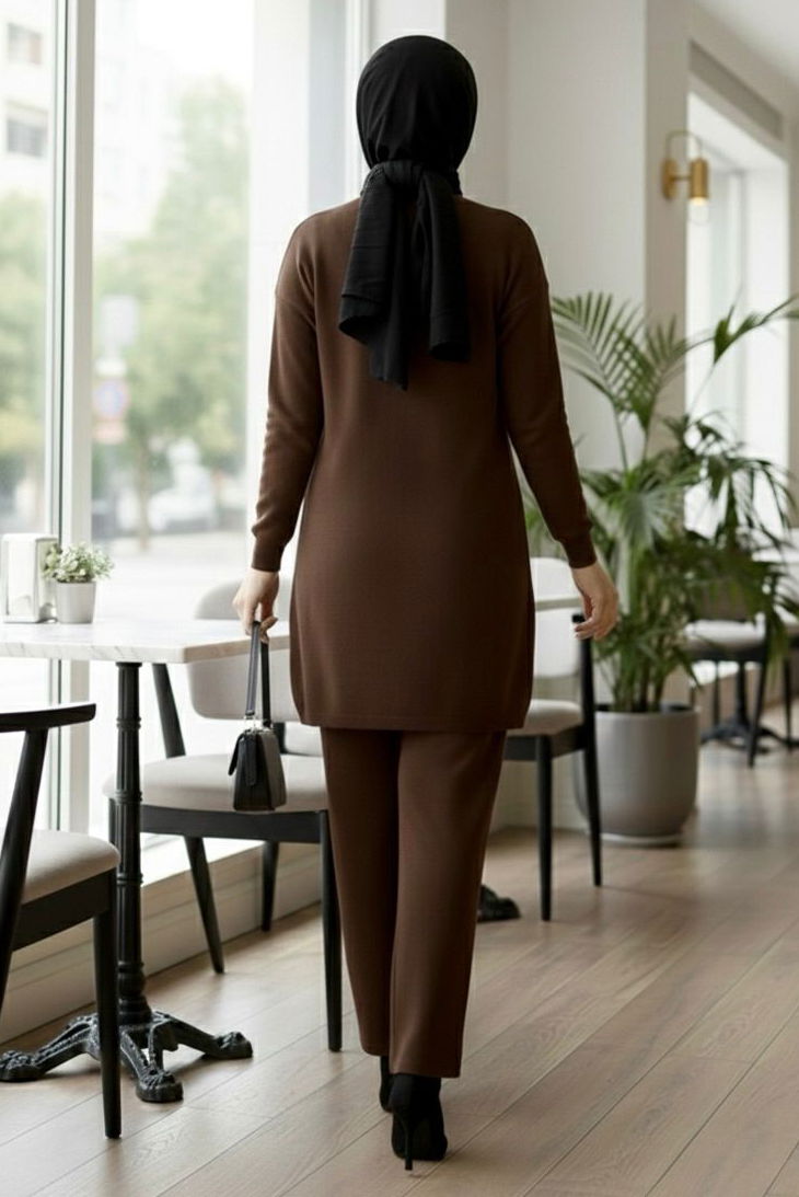 Çiçek Pul Detaylı Triko İkili Takım - 28126-KAHVE - TOFİSA