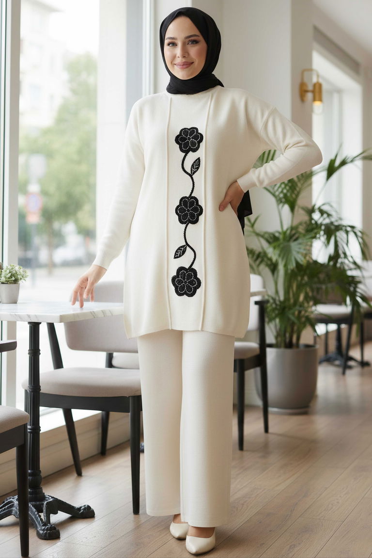 Çiçek Pul Detaylı Triko İkili Takım - 28126-KREM - TOFİSA