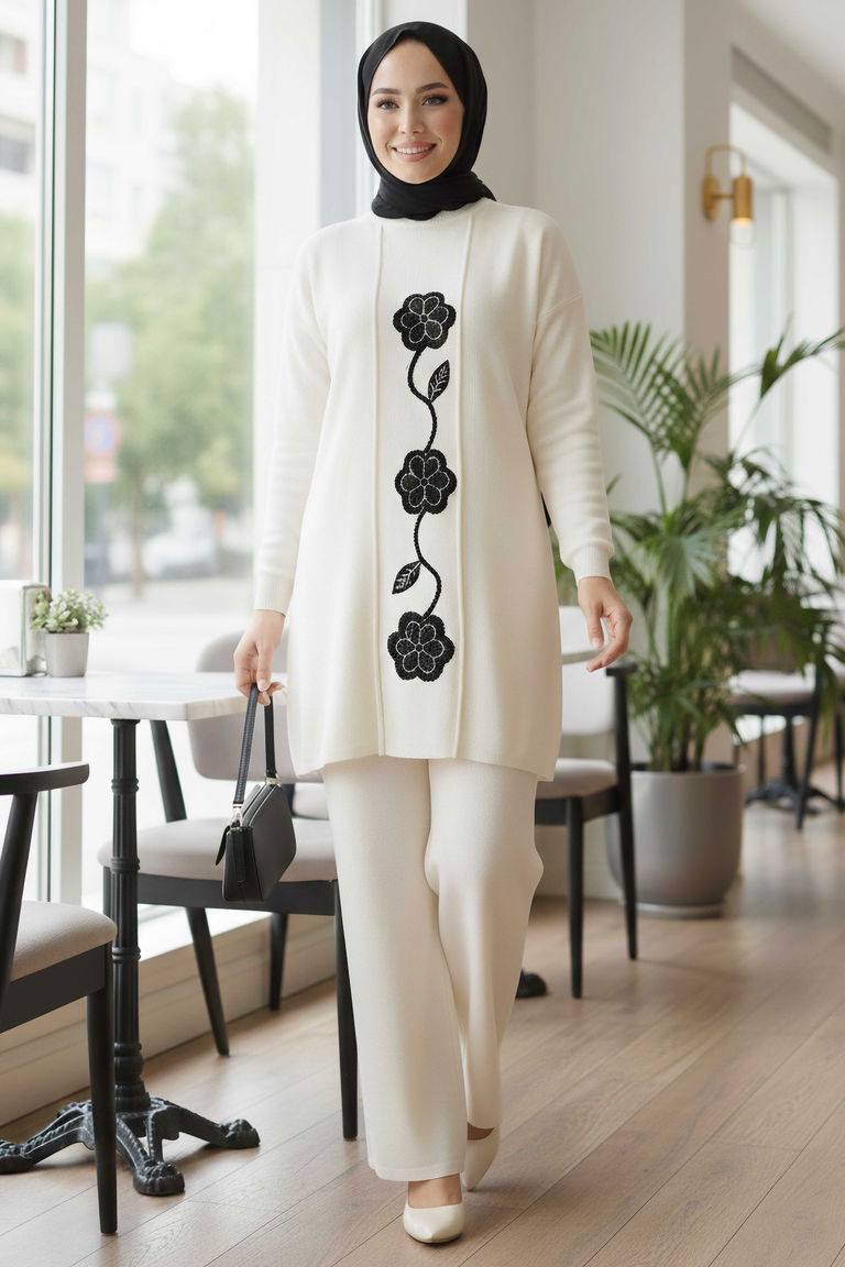 Çiçek Pul Detaylı Triko İkili Takım - 28126-KREM - TOFİSA