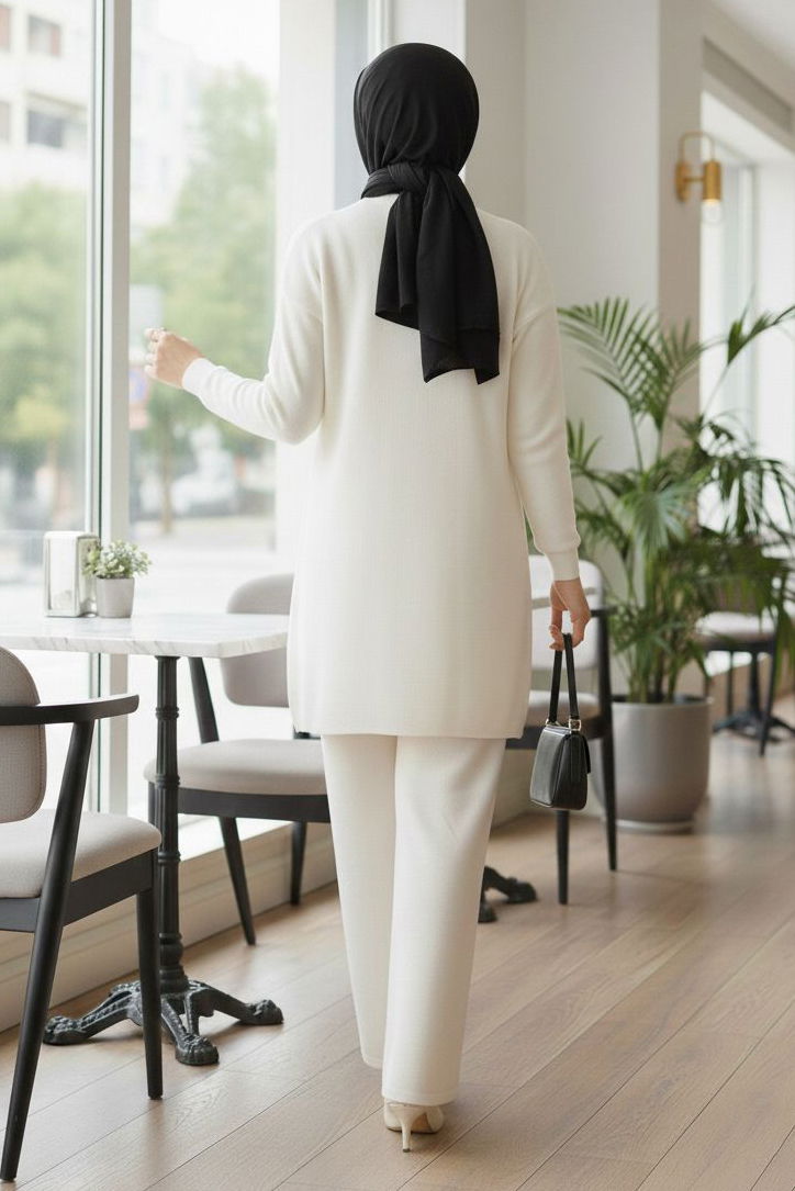 Çiçek Pul Detaylı Triko İkili Takım - 28126-KREM - 3