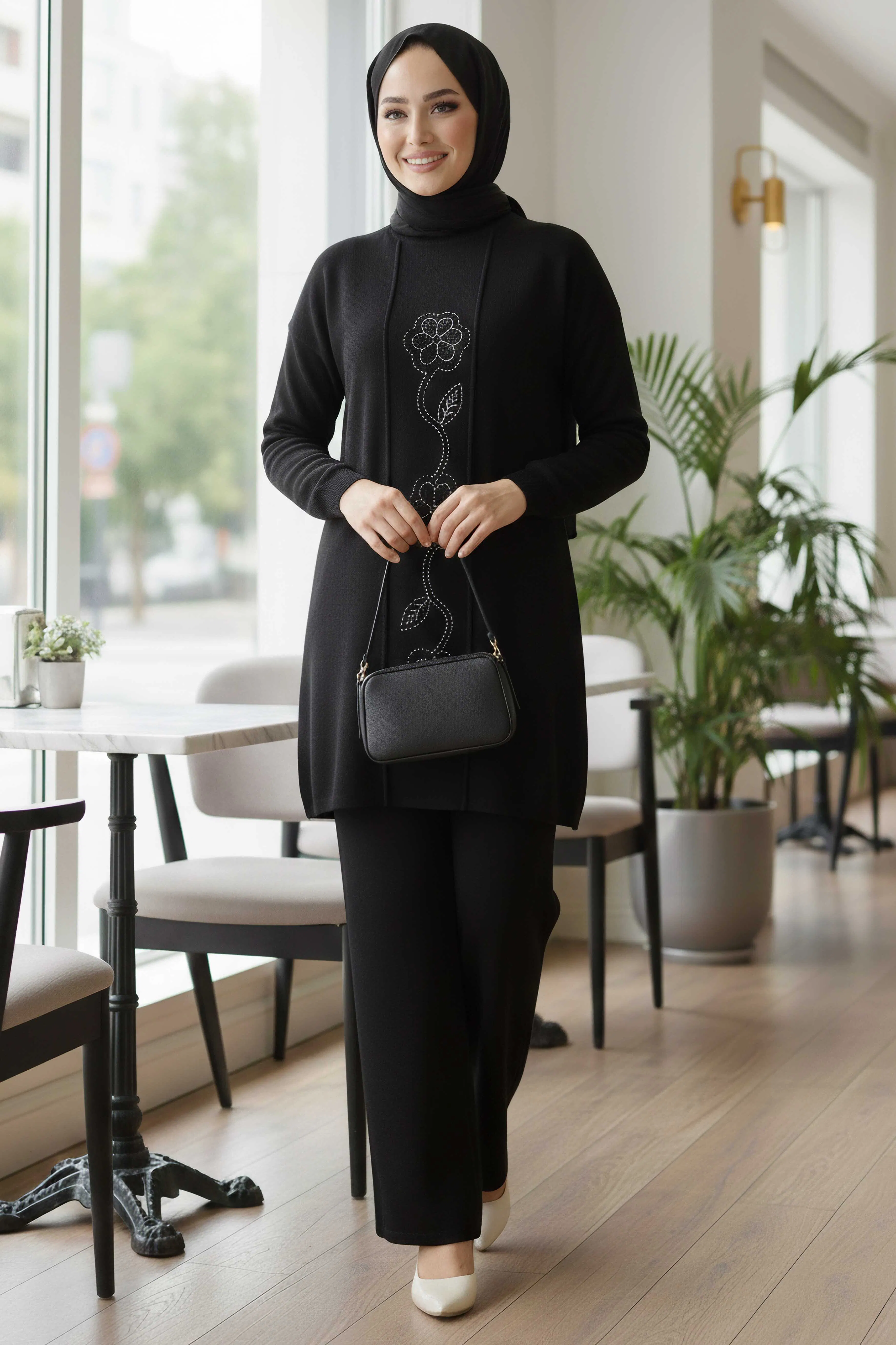 Çiçek Pul Detaylı Triko İkili Takım - 28126-SIYAH - 1