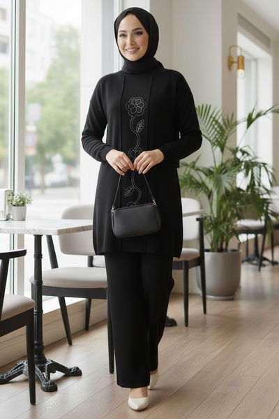 Çiçek Pul Detaylı Triko İkili Takım - 28126-SIYAH 