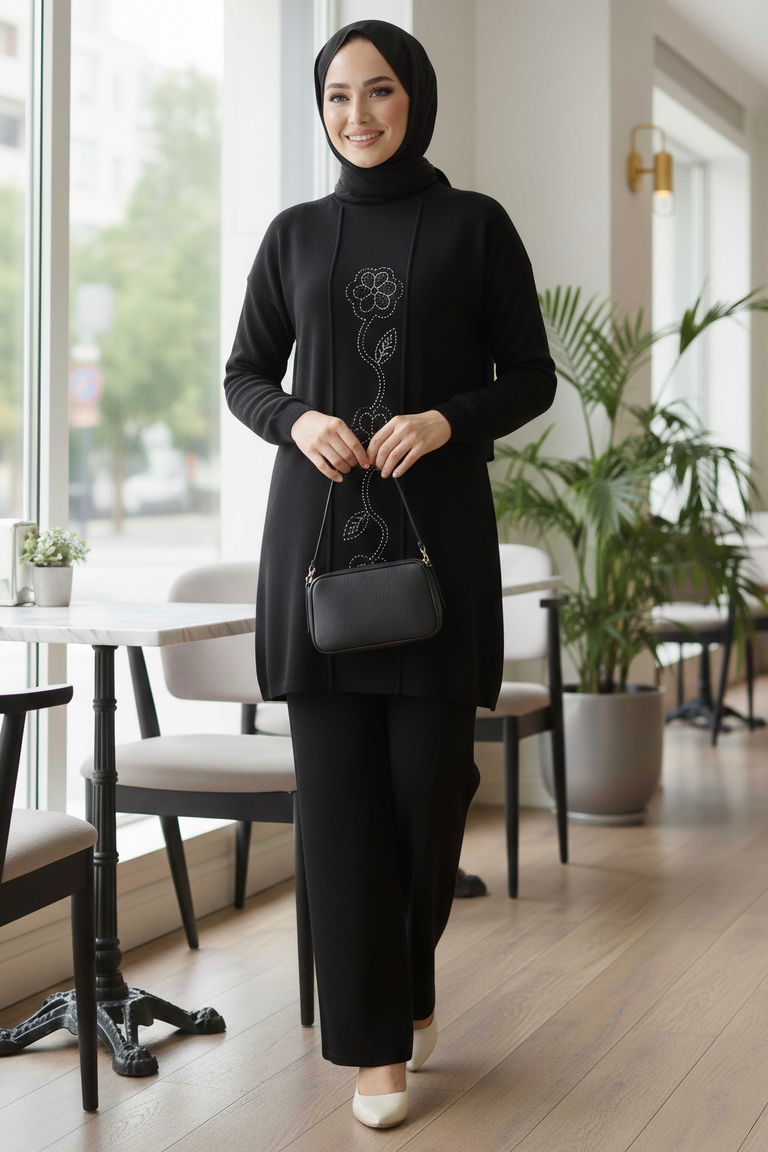 Çiçek Pul Detaylı Triko İkili Takım - 28126-SIYAH - TOFİSA