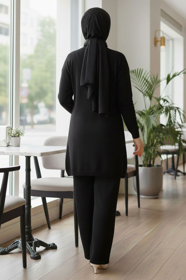 Çiçek Pul Detaylı Triko İkili Takım - 28126-SIYAH - TOFİSA