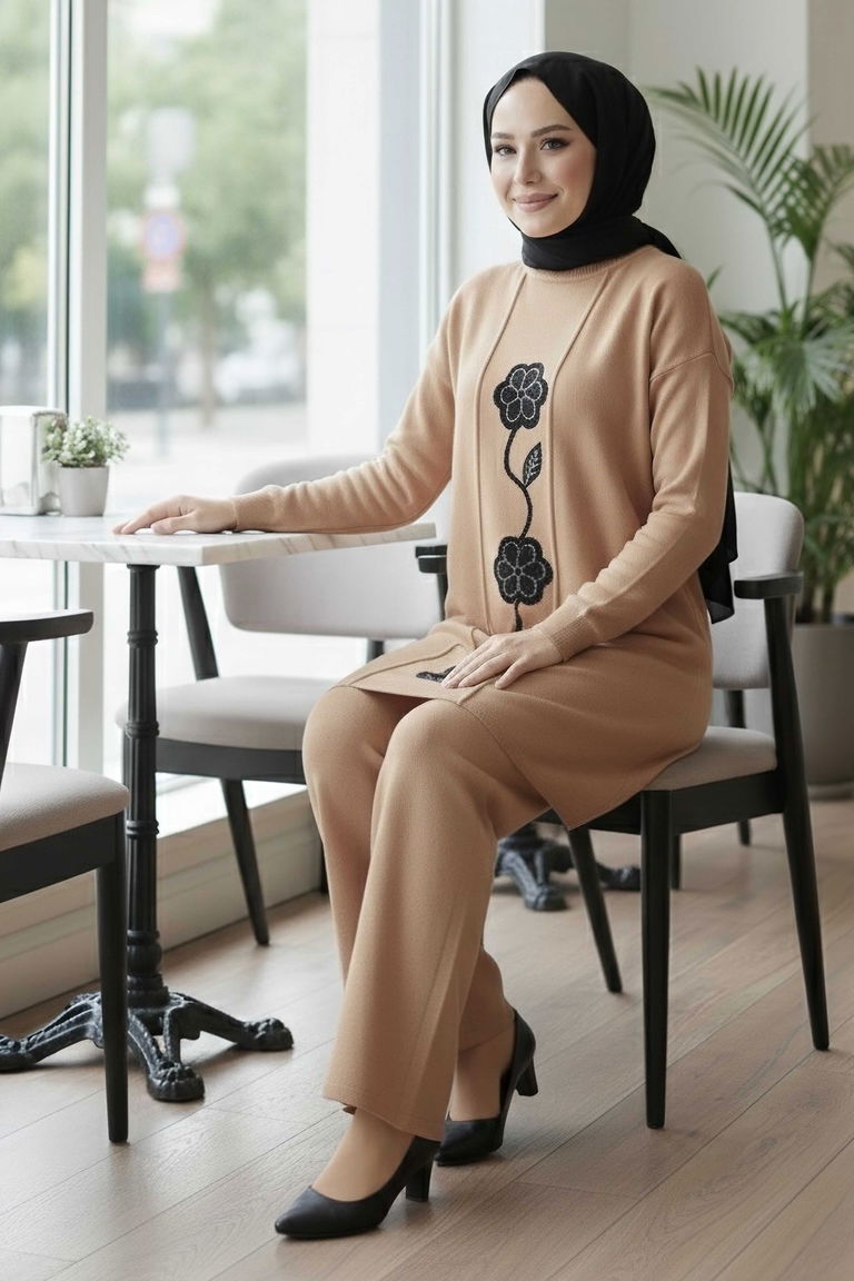 Çiçek Pul Detaylı Triko İkili Takım - 28126-VIZON - TOFİSA