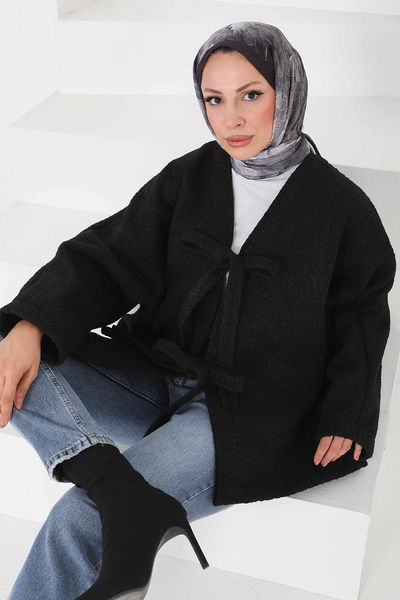 Çift Bağcık Detaylı Buklet Ceket - 27866-SIYAH 