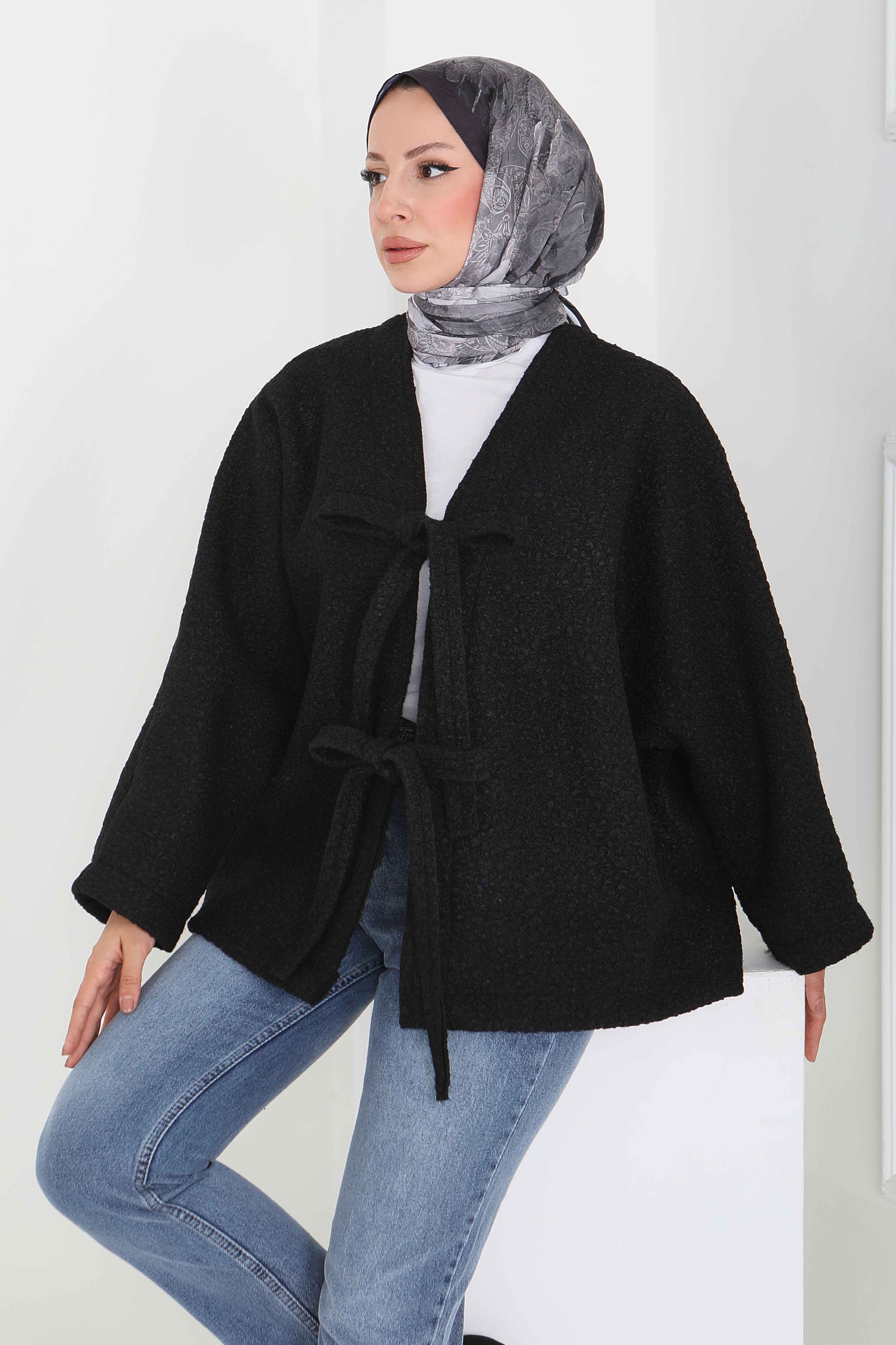 Çift Bağcık Detaylı Buklet Ceket - 27866-SIYAH - 2