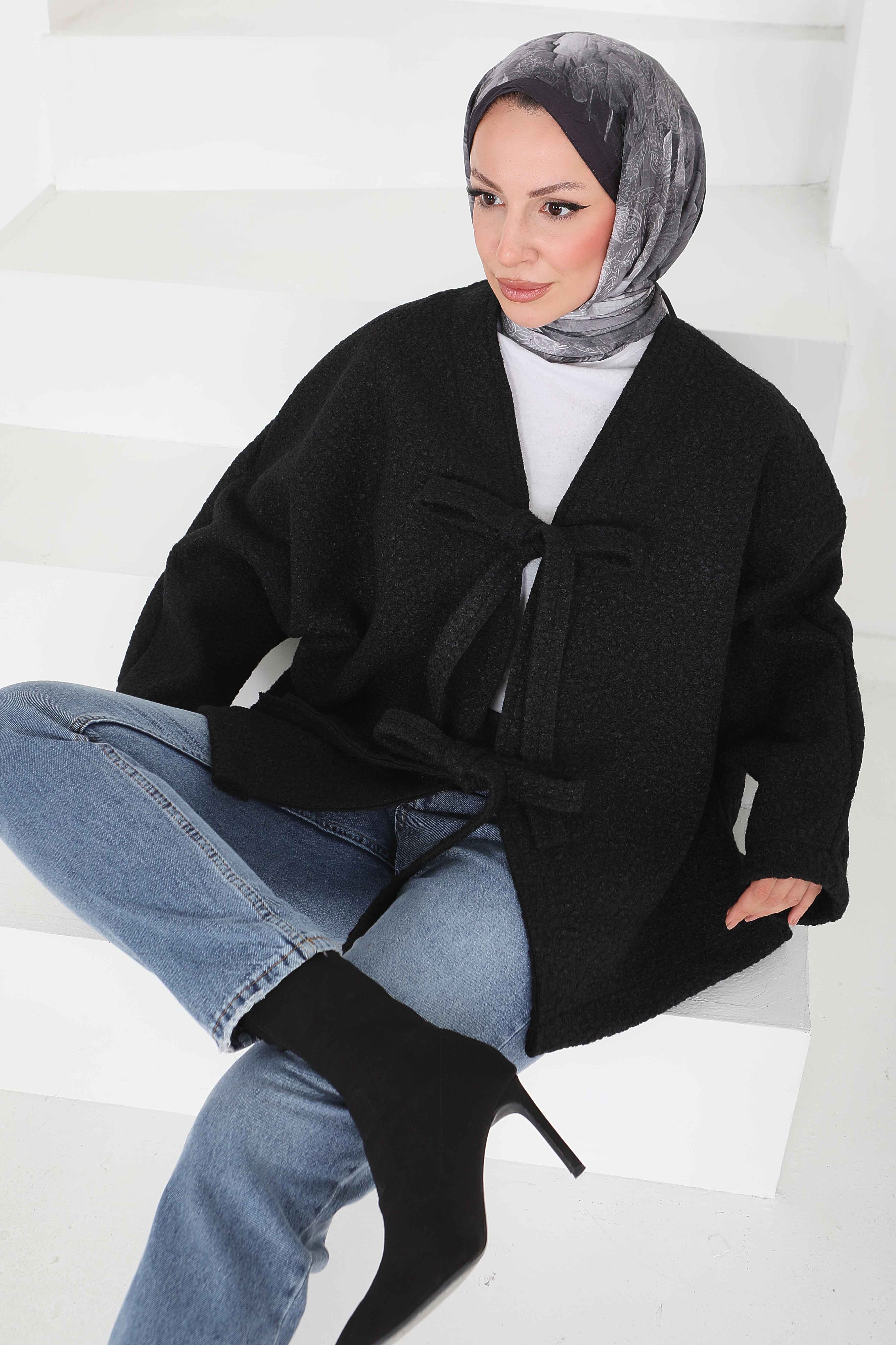 Çift Bağcık Detaylı Buklet Ceket - 27866-SIYAH - 4