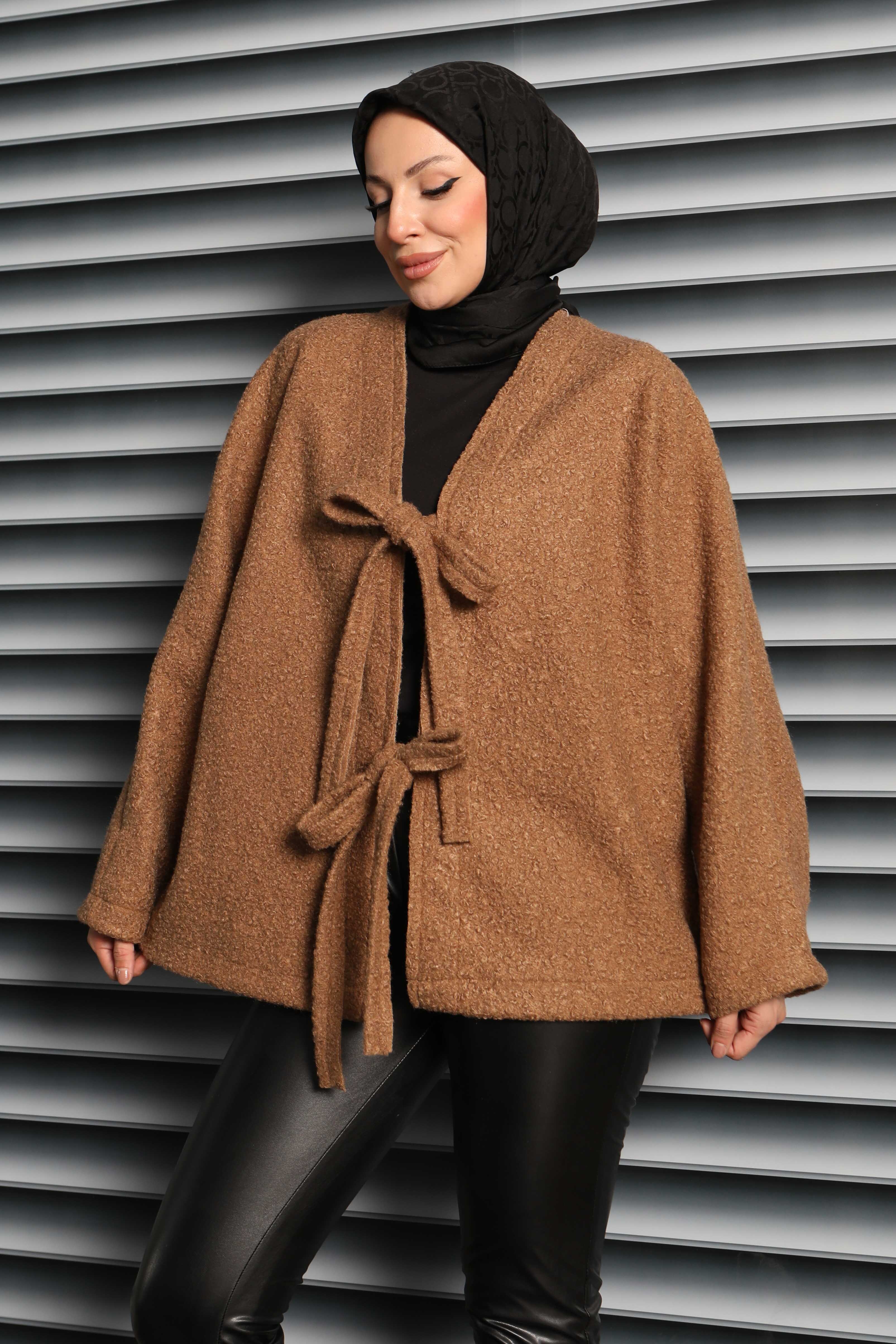 Çift Bağcık Detaylı Buklet Ceket - 27866-TABA - 2