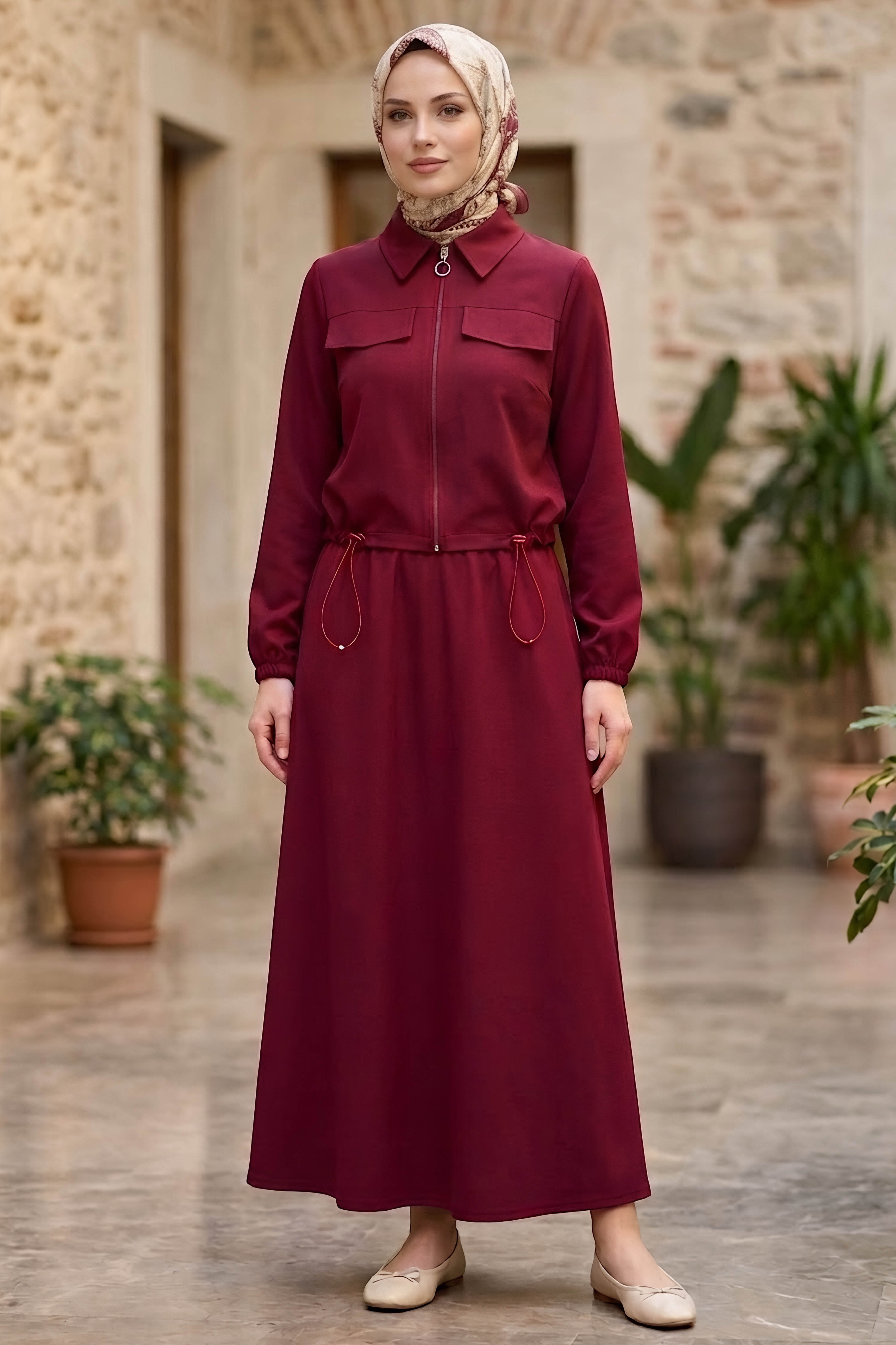 Çift Cep Detaylı Etekli Takım Bordo - 28497-BORDO - 1