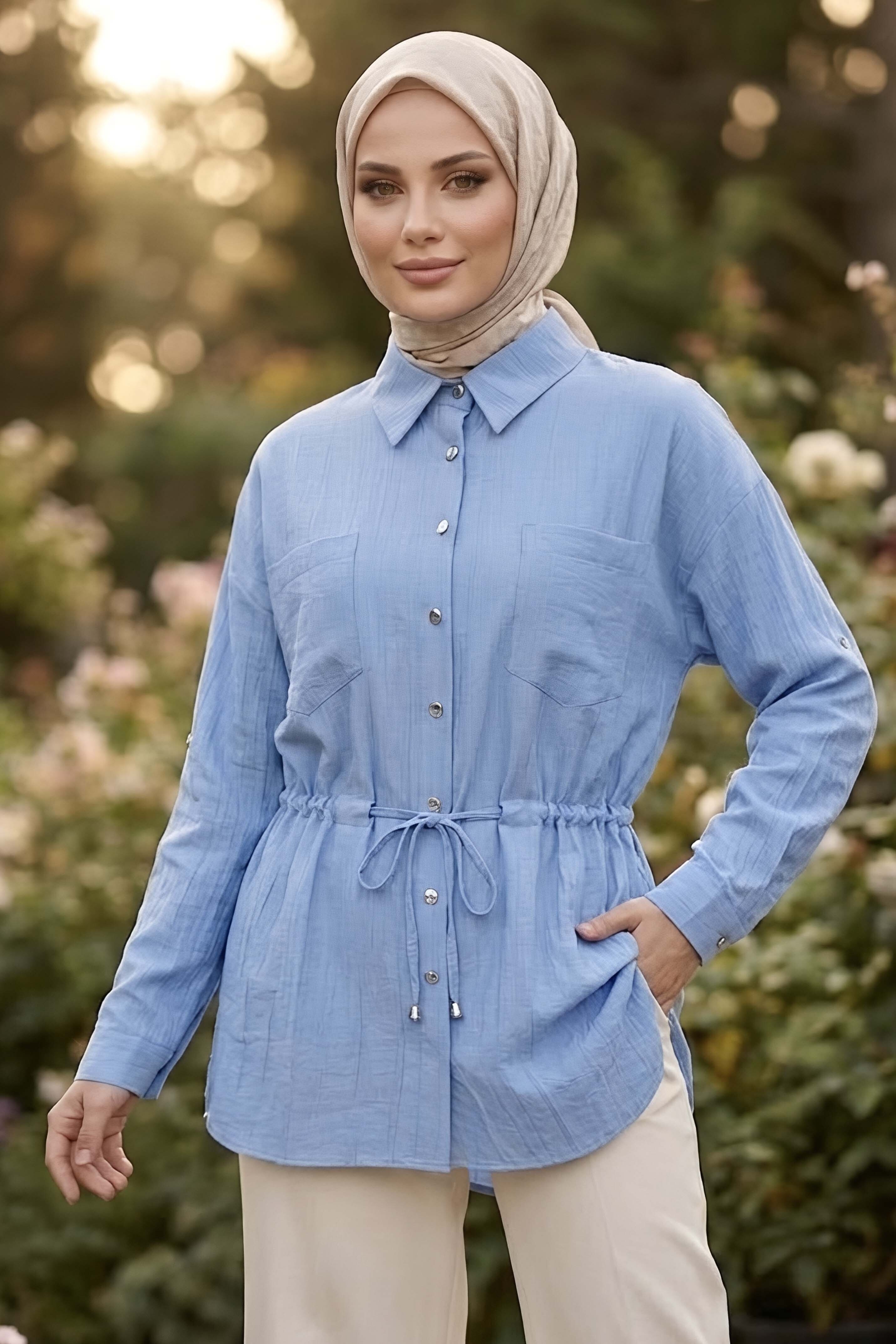 Çift Cepli Belde Bağcık Detaylı Tunik Bebe Mavi - 1330-BEBE-MAVI - 1