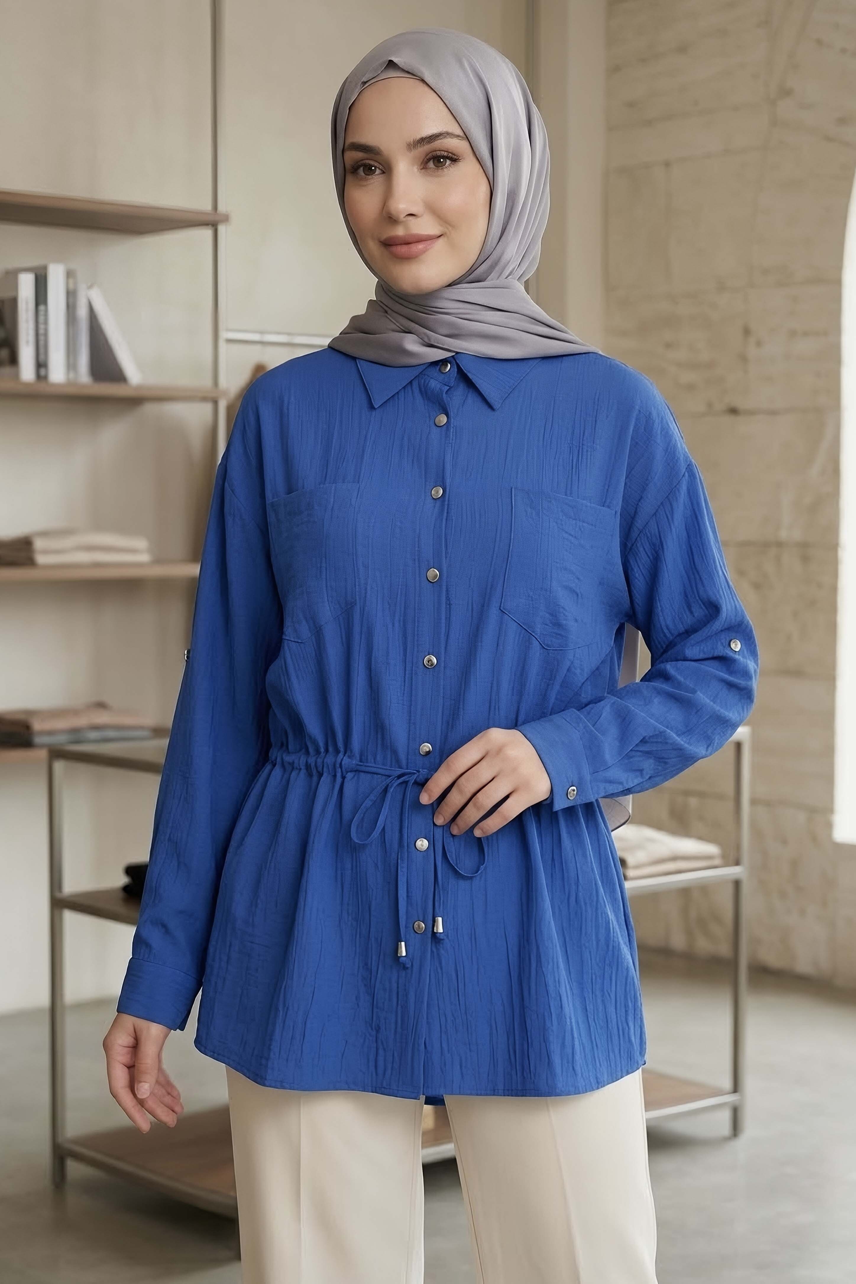 Çift Cepli Belde Bağcık Detaylı Tunik Indigo - 1330-INDIGO - 1