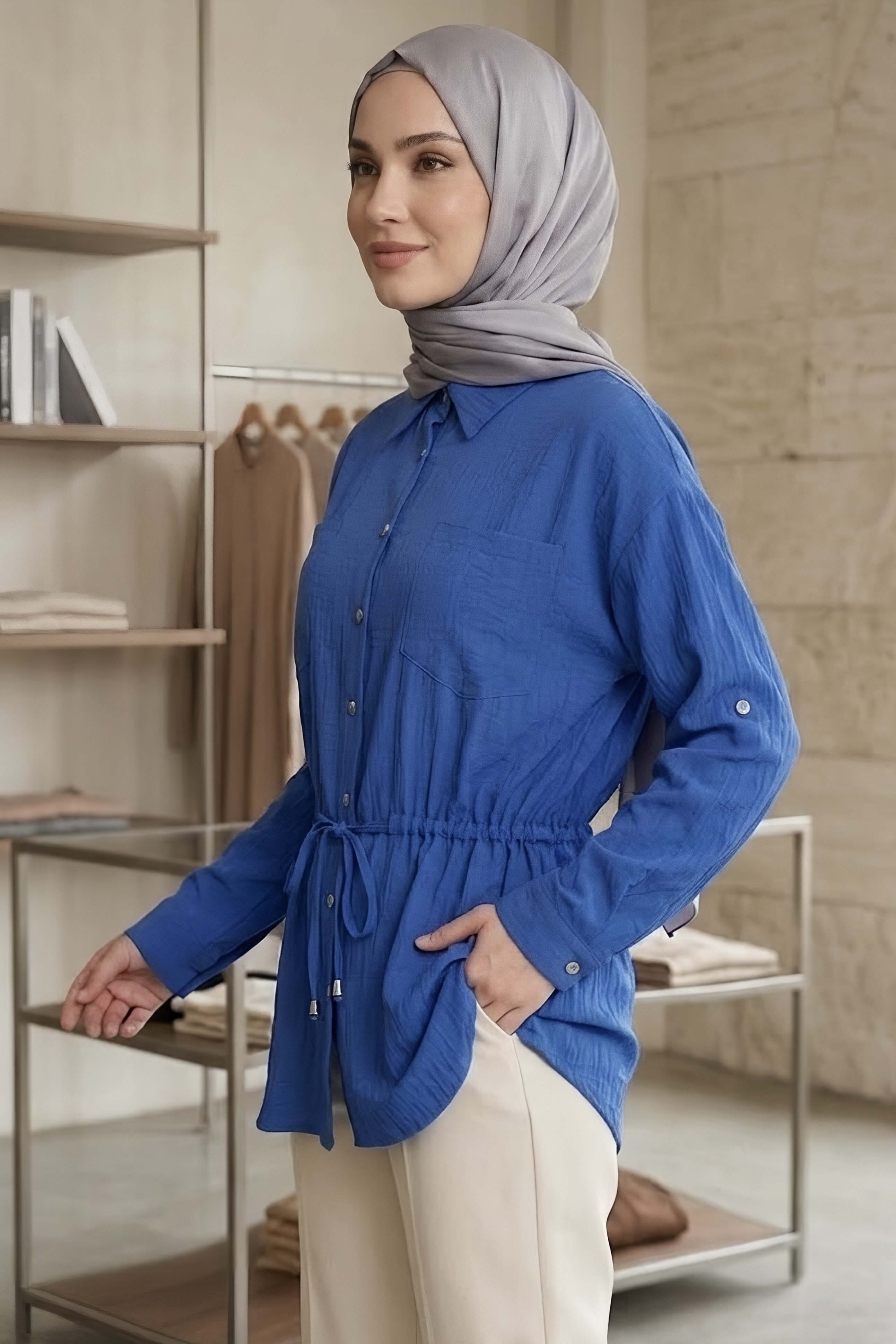 Çift Cepli Belde Bağcık Detaylı Tunik Indigo - 1330-INDIGO - 2