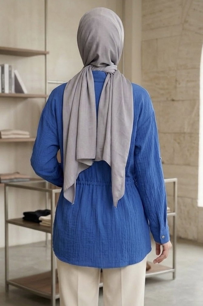 Çift Cepli Belde Bağcık Detaylı Tunik Indigo - 1330-INDIGO - 3