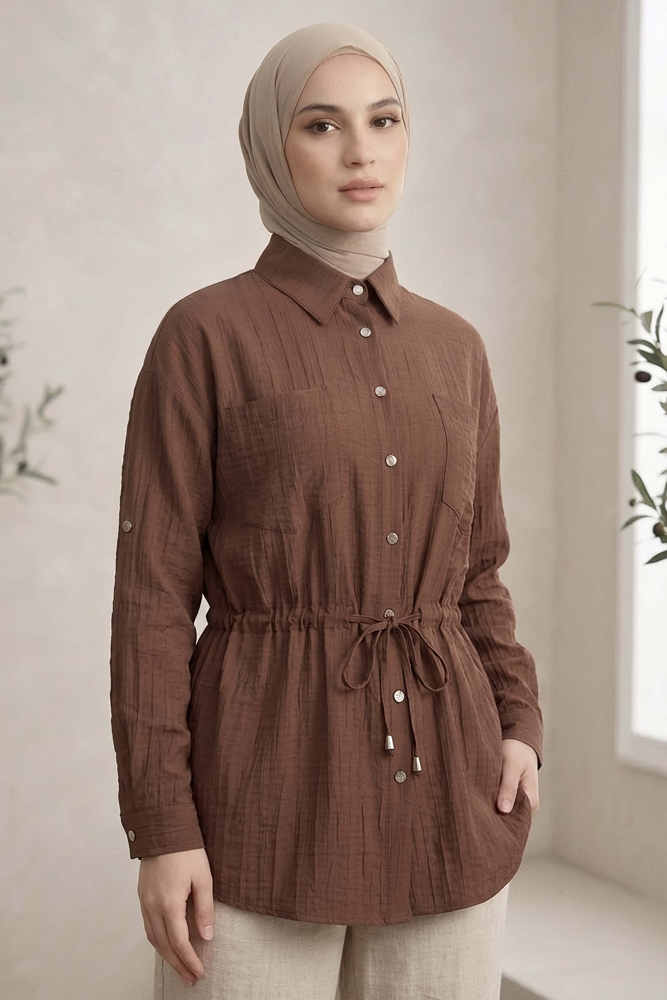 Çift Cepli Belde Bağcık Detaylı Tunik Kahve - 1330-KAHVE - 2