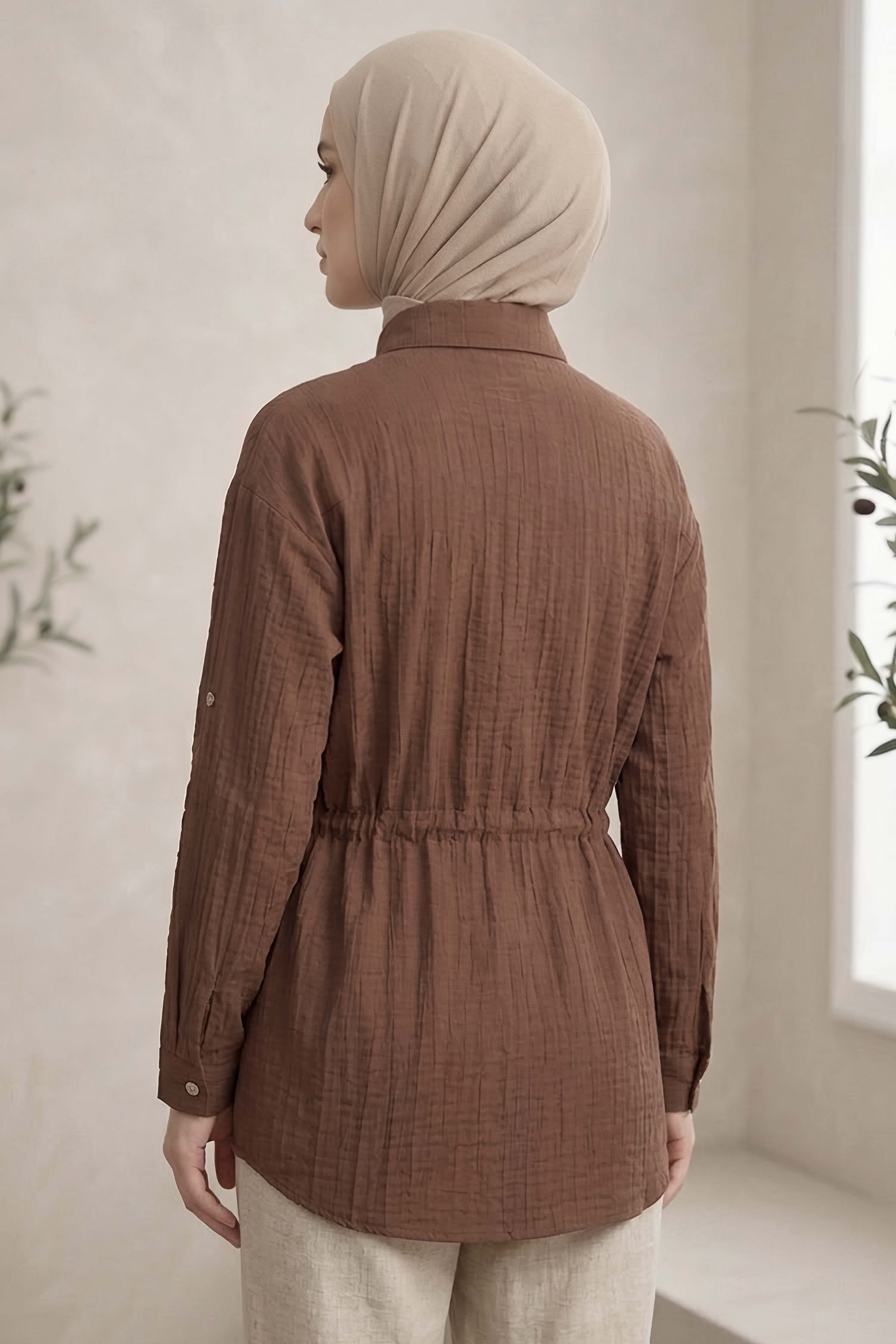 Çift Cepli Belde Bağcık Detaylı Tunik Kahve - 1330-KAHVE - 3