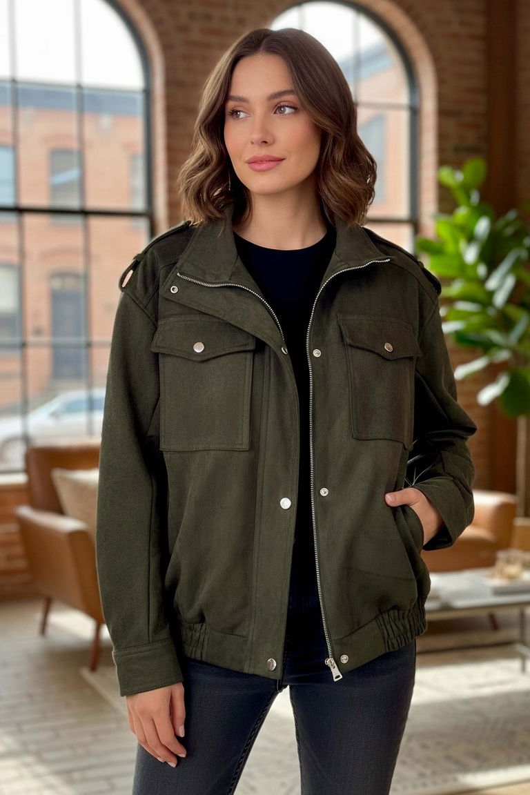 Çift Cepli Beli Lastikli Süet Ceket - 28091-HAKI - TOFİSA