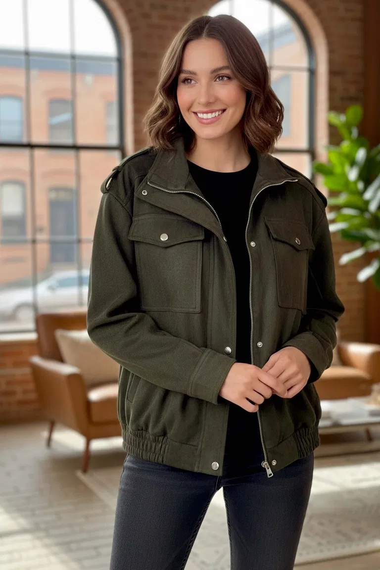 Çift Cepli Beli Lastikli Süet Ceket - 28091-HAKI - TOFİSA